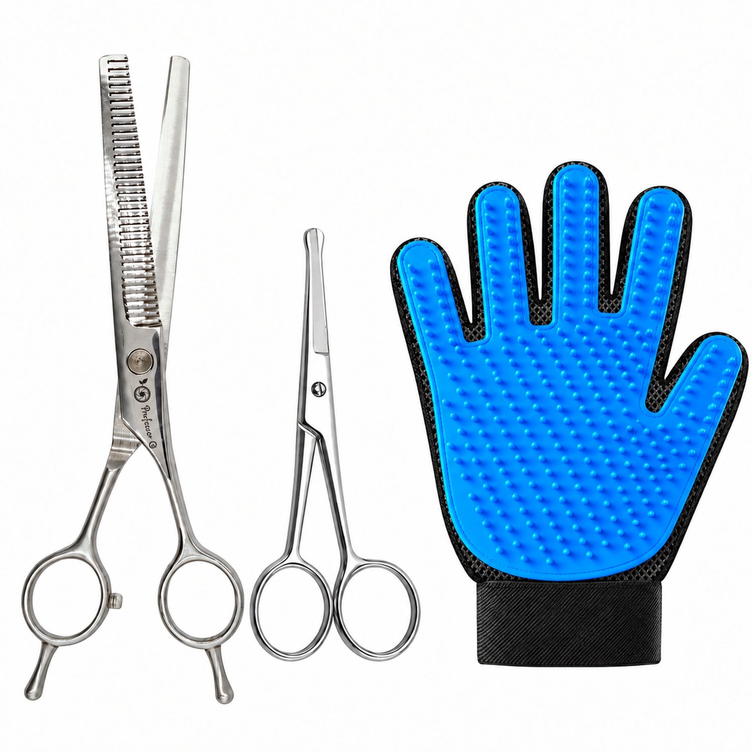 Professor Q Hondentrimset - Effileerschaar Zilver Pro - Potenschaar Zilver en Vachthandschoen Blauw - 3-delig