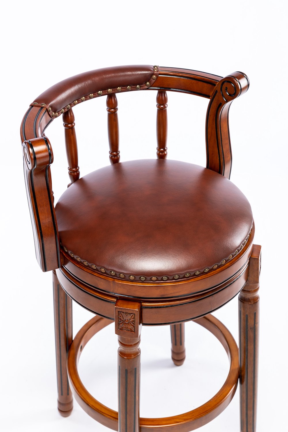 Merax Luxe Houten Barstoel met 360° Draaifunctie – Echt Leren Barstoel met Rugleuning – Comfortabele Barhoogte Kruk voor Keuken - Eetkamer en Bar – Bruin