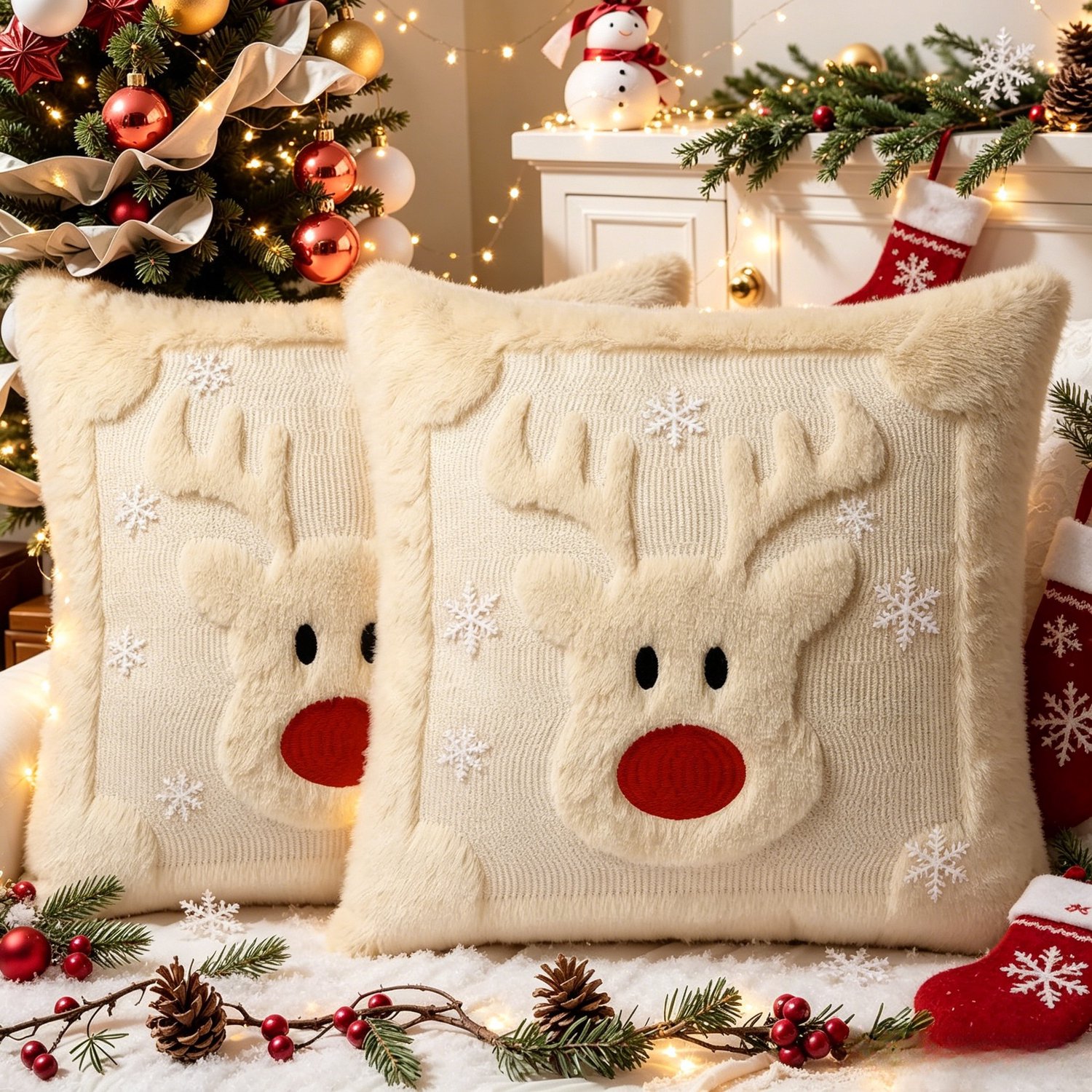 FLITI Kerst Kussenhoes- Sierkussenhoes met Rendier Design - Zachte Kerstdecoratie voor Bank en Woonkamer - Zonder Binnenkussen 45x45 cm - Set van 2 Beige