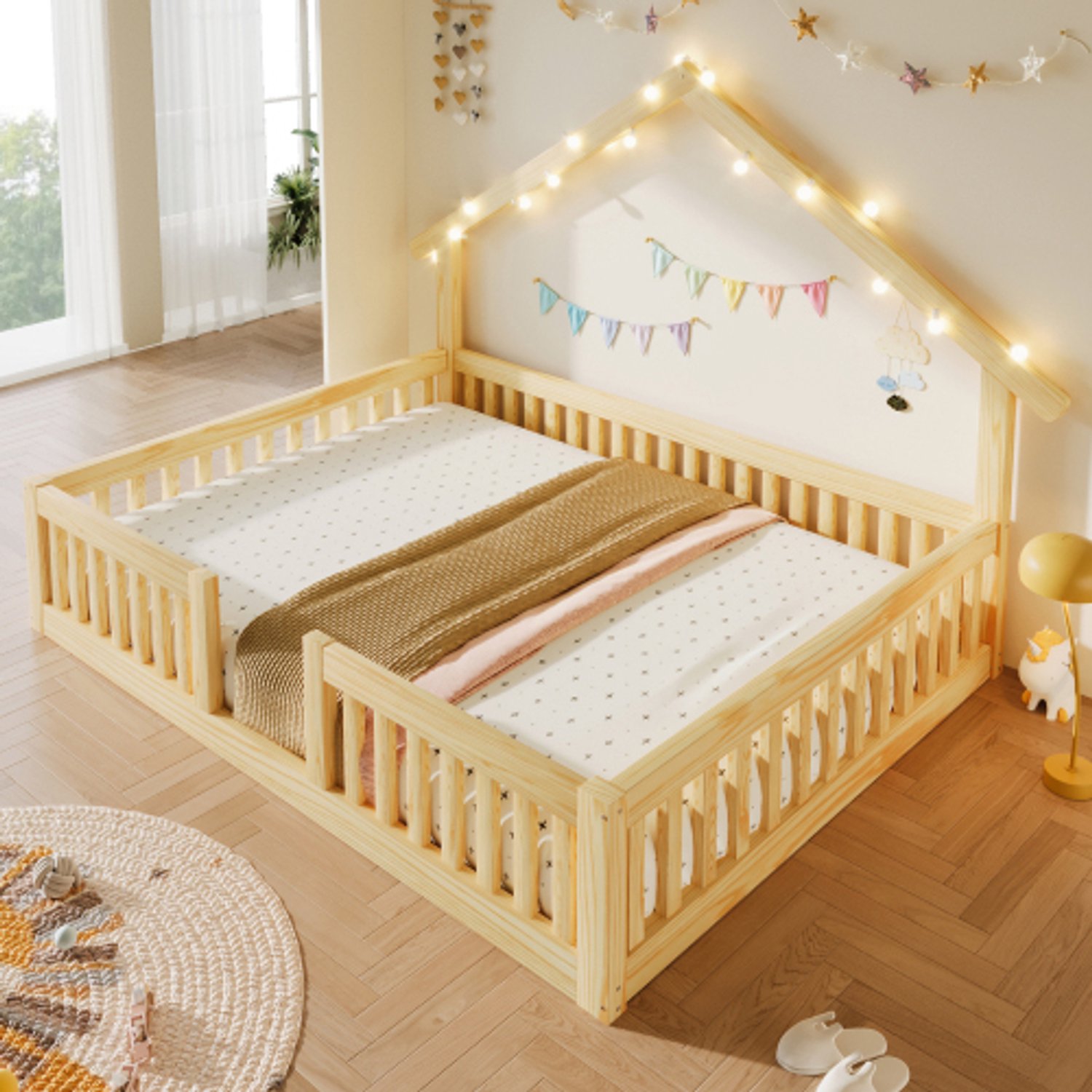 Zubaliya Kinderbed, Tweepersoonsbed, 140x200 cm van hout met valbeveiliging, huisbed met LED-lichtslinger, vloerbed met veiligheidshekje, Naturel