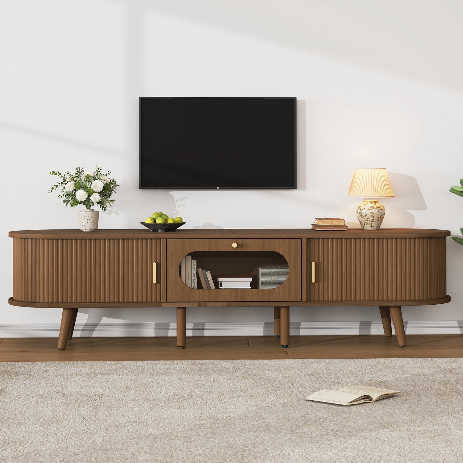 Sweiko TV-meubel - Schuifdeuren - Met lade - Houten poten - Geschikt voor TV's tot 70 inch - 170 x 40 x 43 cm - Walnootkleur