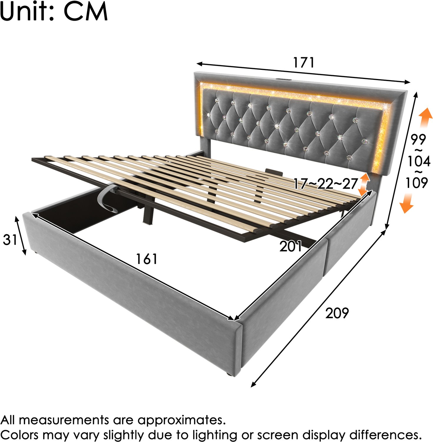 Vovtenza Gestoffeerd bed 160x200 cm - fluweel tweepersoonsbed met LED-diamantstrip in hoofdeinde - USB & Type-C oplaadstation - hydraulische bedbak - tienerbed met opbergruimte en lattenbodem - Grijs (Zonder matras)