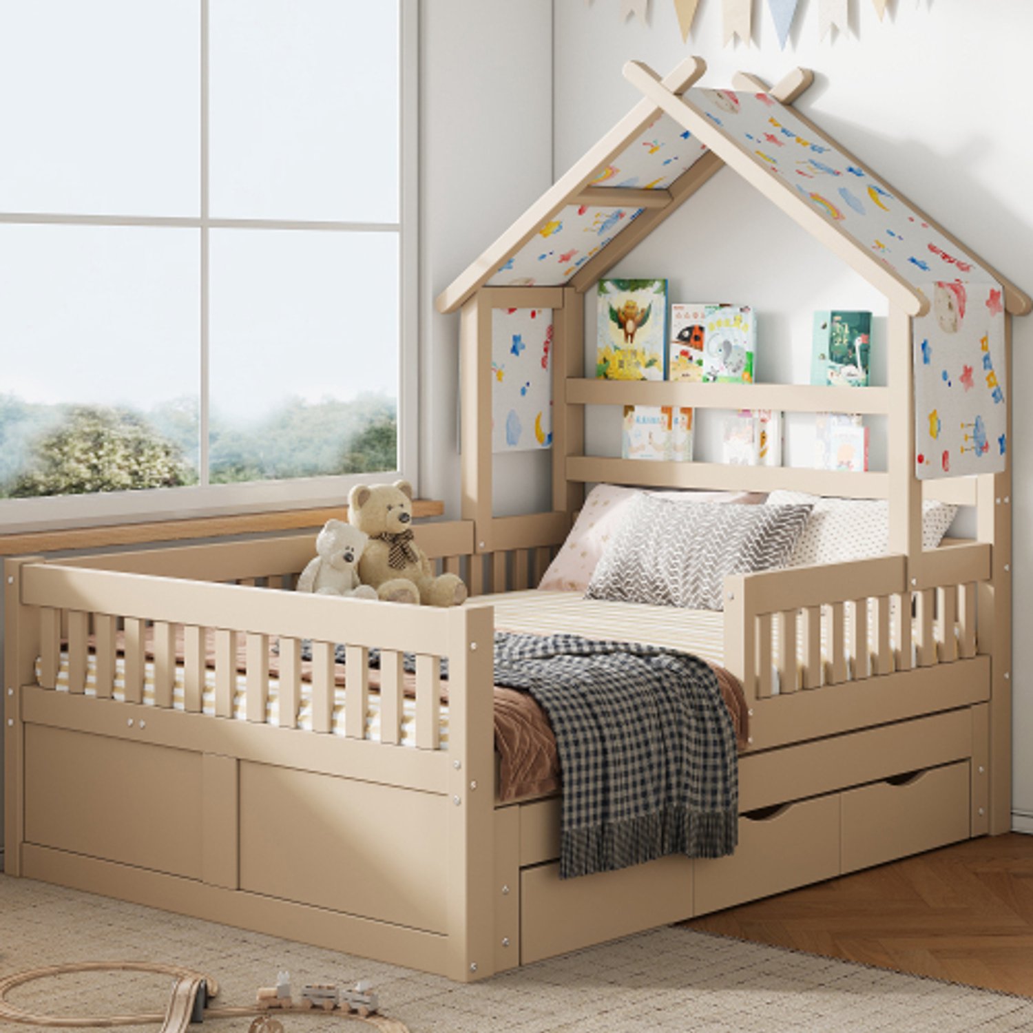 Zubaliya Kinderbed, Tweepersoonsbed, Houten platformbed, huisvorm, 140 x 200 cm, met uitschuifbed, 3 lades en veiligheidshekjes, Crème