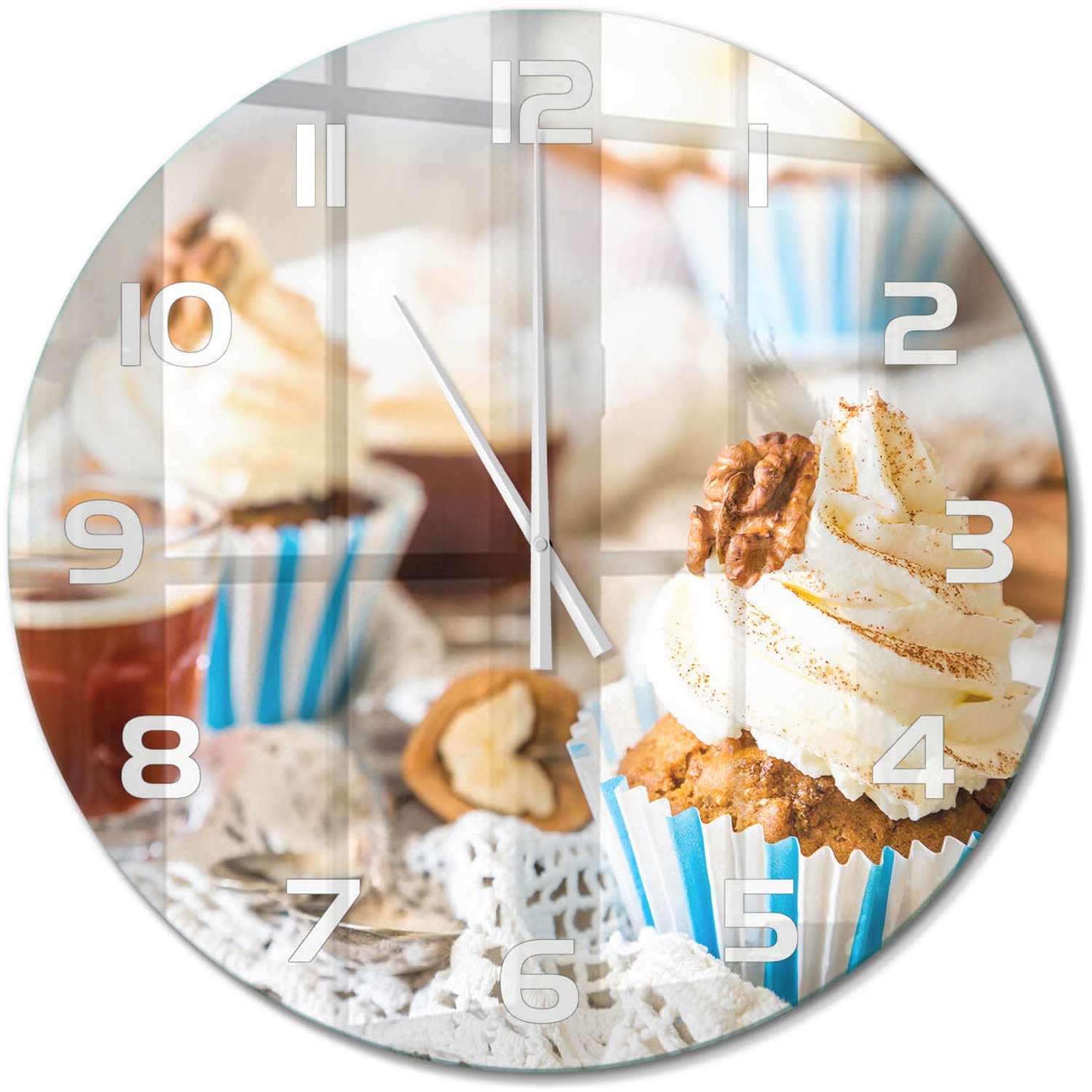 TULUP Wandklok - Muffins Decoratieve Glazen Klok - fi60 cm - Veelkleurig Glazen Wandklok Design - Witte handen - Ronde Klok - Glazen Klok Met Print - Wandklok Glas Met Motief
