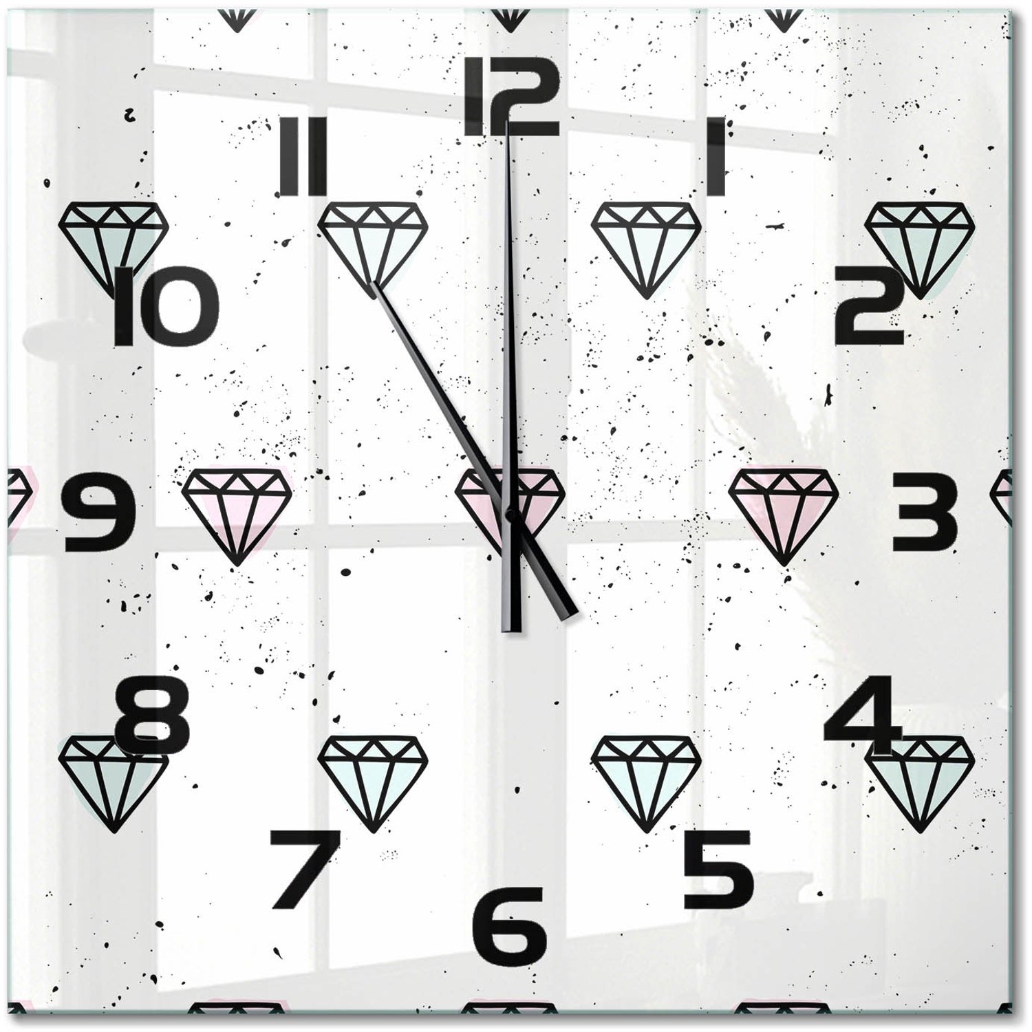 TULUP Wandklok - Diamanten Klok Glas Met Opdruk - 60x60 cm - Veelkleurig Moderne Wandklok Glas - Zwarte handen - Vierkante Klok - Decoratieve Glazen Klok - Glazen Wandklok Design