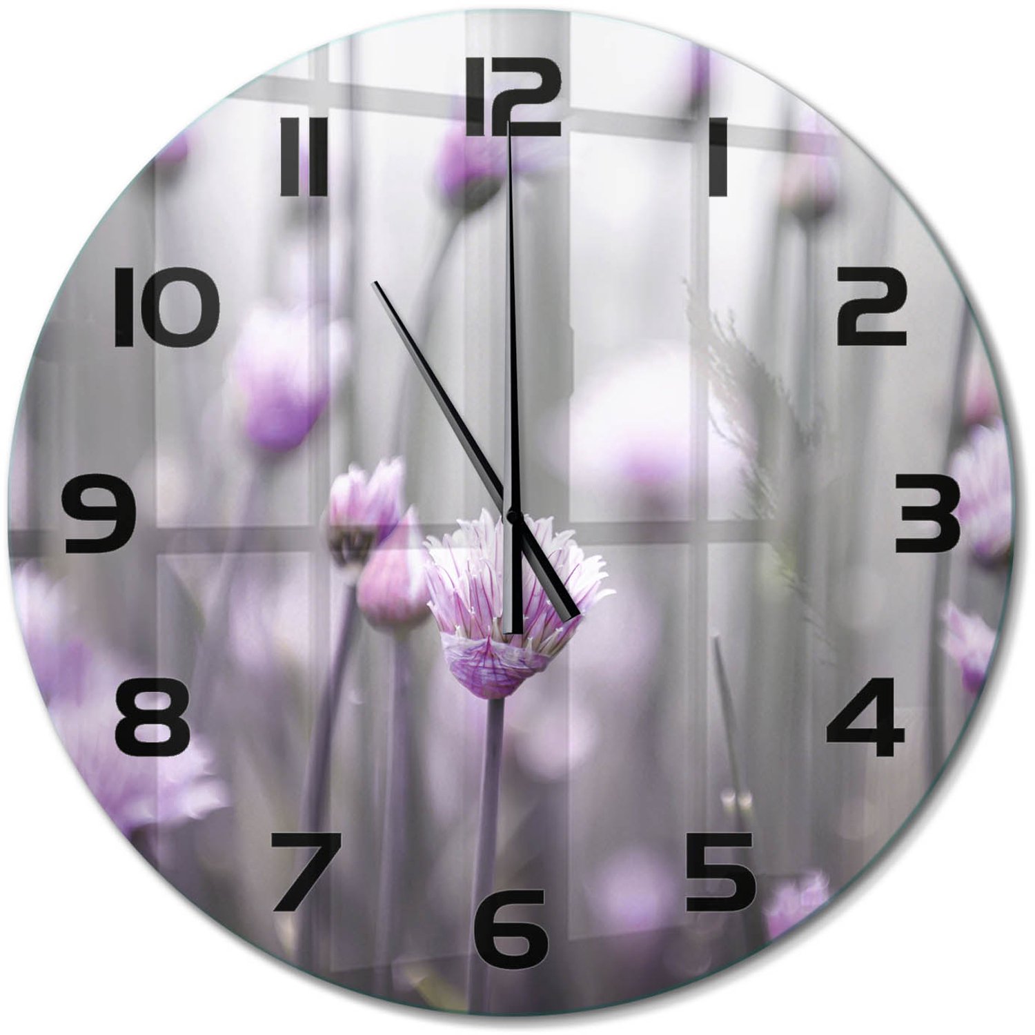 TULUP Wandklok - Bieslookbloemen Glazen Wandklok Design - fi60 cm - Paars Klok Glas Met Opdruk - Zwarte handen - Ronde Klok - Wandklok Glas Met Motief - Decoratieve Glazen Klok