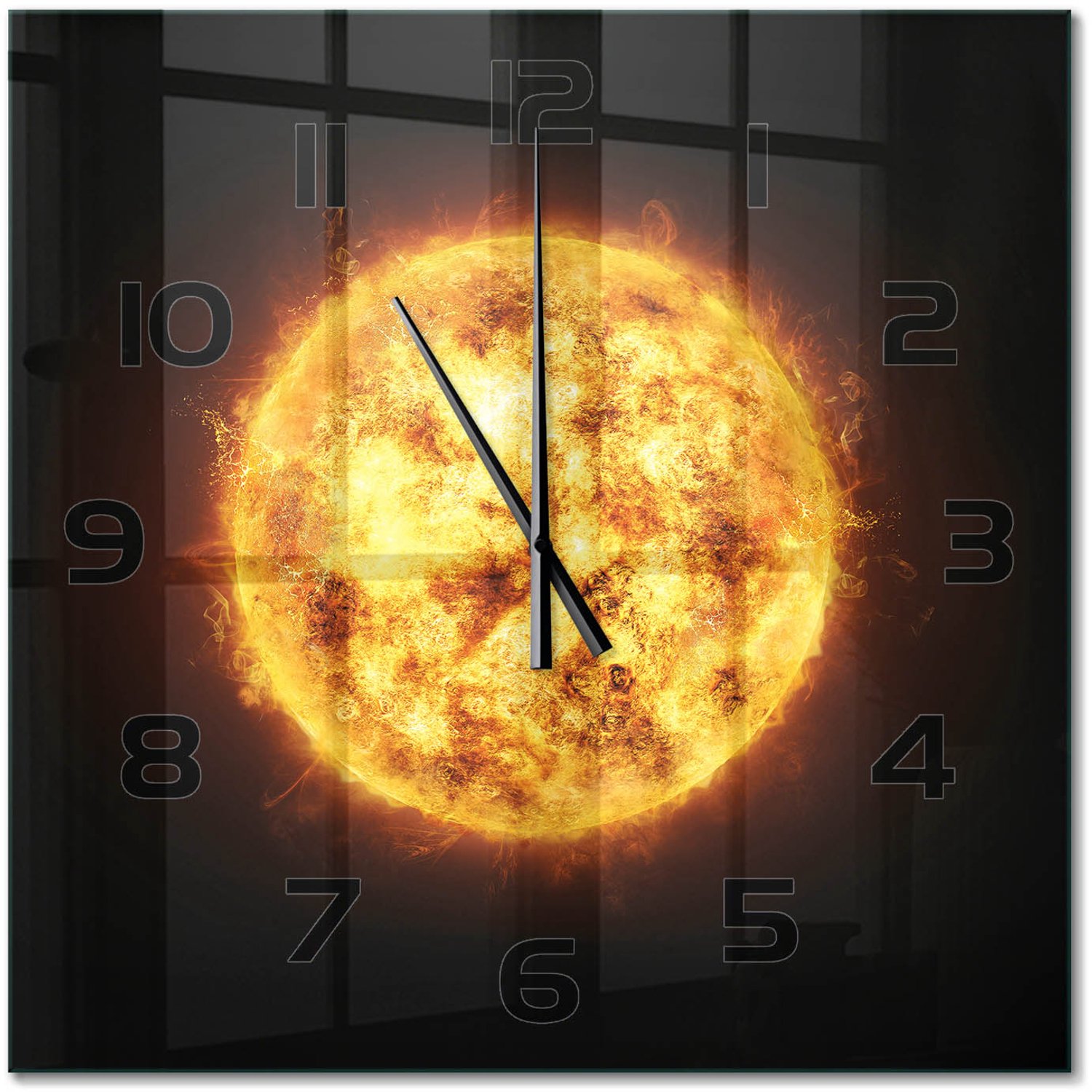 TULUP Wandklok - Zonnig Gekleurde Glazen Klok - 60x60 cm - Oranje Glazen Klok Met Print - Zwarte handen - Vierkante Klok - Moderne Wandklok Glas - Wandklok Glas Decoratie