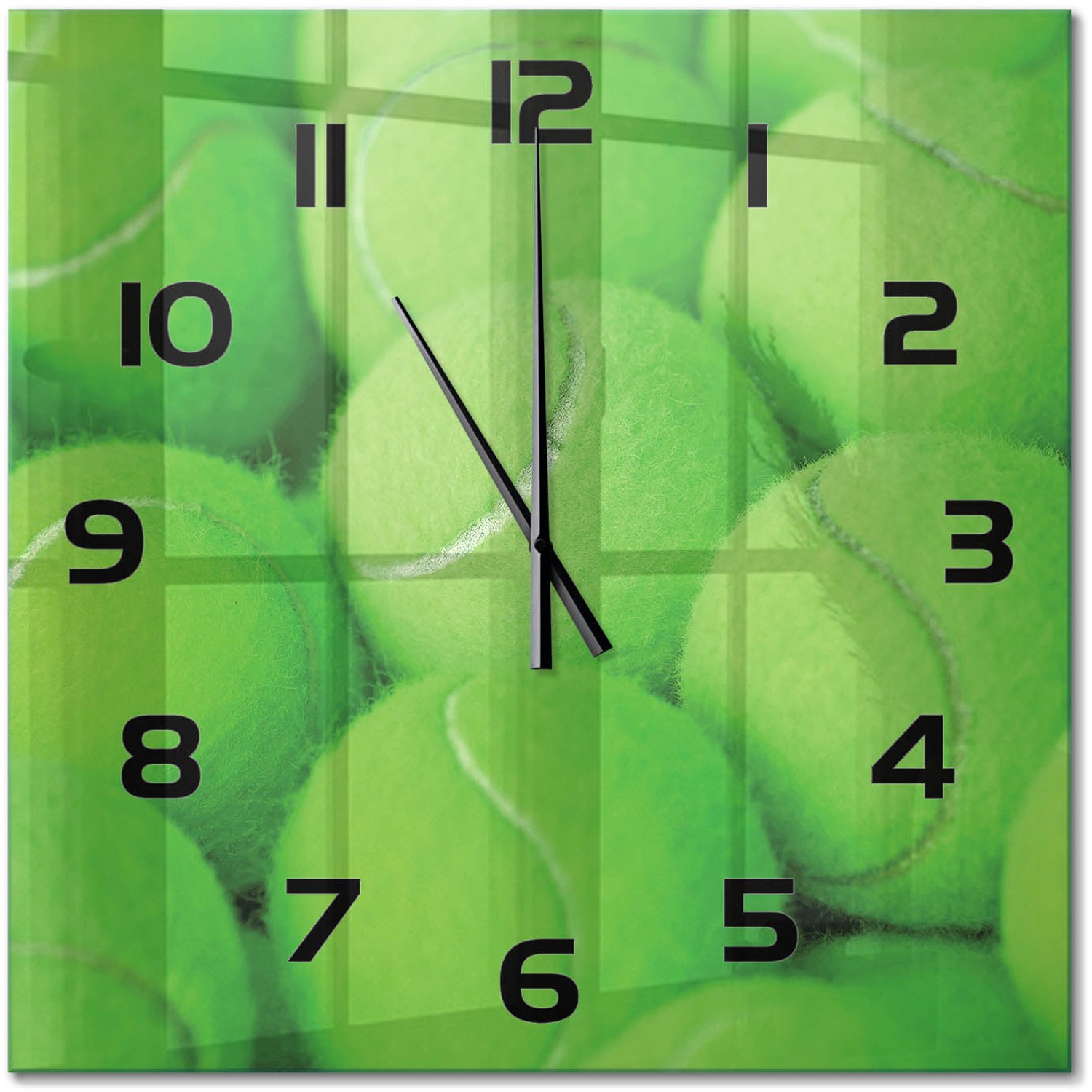 TULUP Wandklok - Tennisballen Gekleurde Glazen Klok - 60x60 cm - Groente Glazen Klok Met Print - Zwarte handen - Vierkante Klok - Moderne Wandklok Glas - Wandklok Glas Decoratie