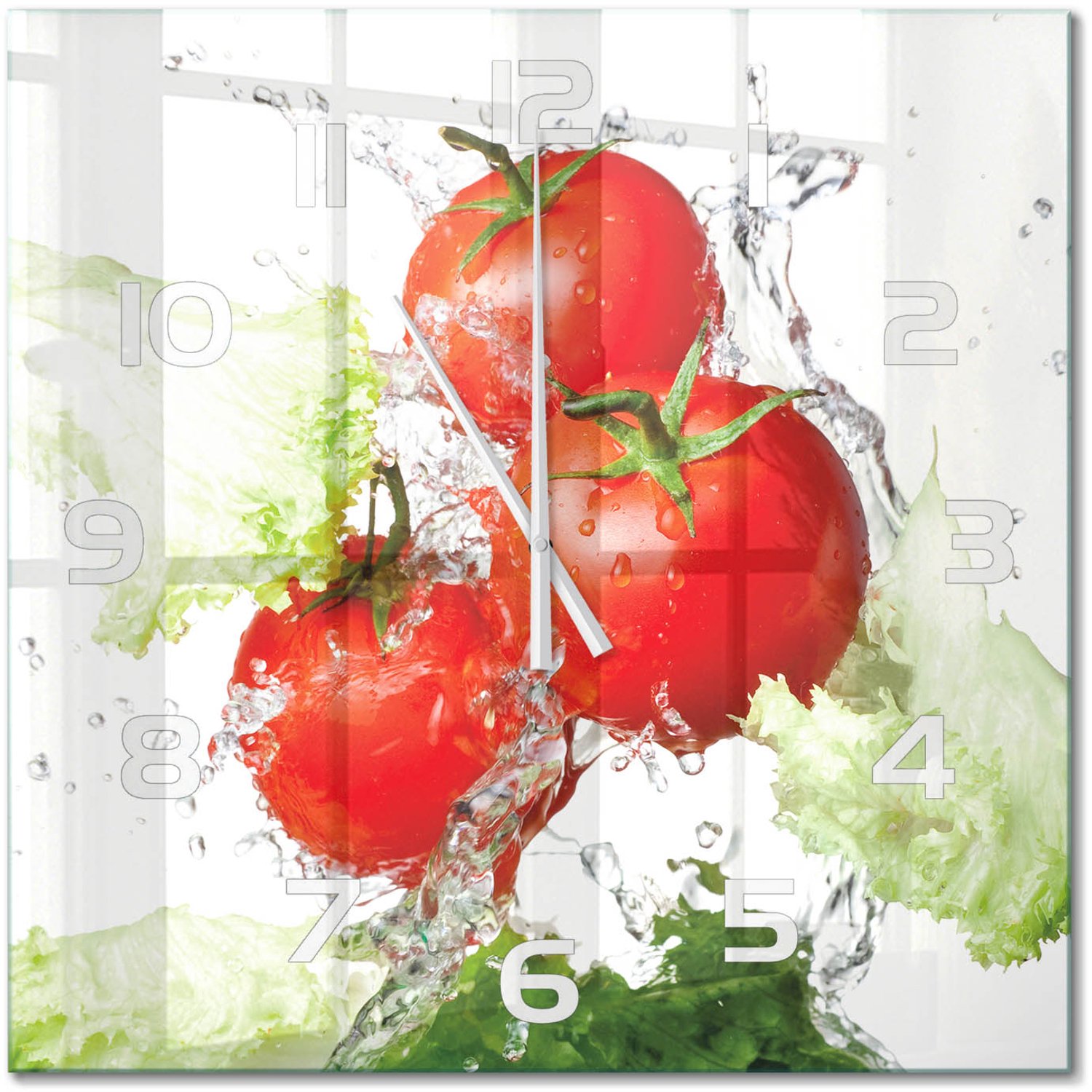 TULUP Wandklok - Tomaten en sla Gekleurde Glazen Klok - 60x60 cm - Rood Glazen Klok Met Print - Witte handen - Vierkante Klok - Moderne Wandklok Glas - Wandklok Glas Decoratie
