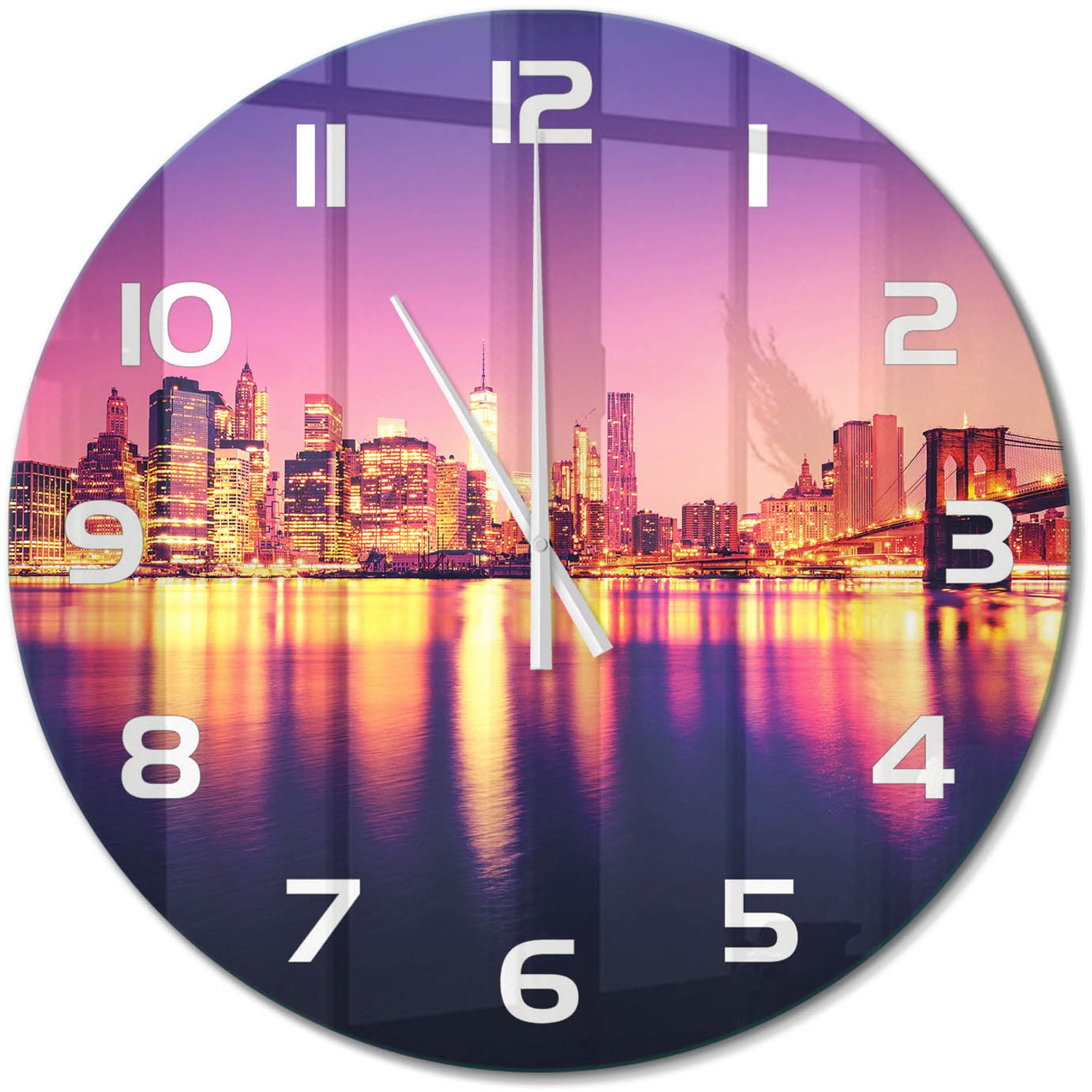 TULUP Wandklok - Manhattan, New York Wandklok Glas Met Motief - fi60 cm - Paars Decoratieve Glazen Klok - Witte handen - Ronde Klok - Gekleurde Glazen Klok - Glazen Klok Met Print