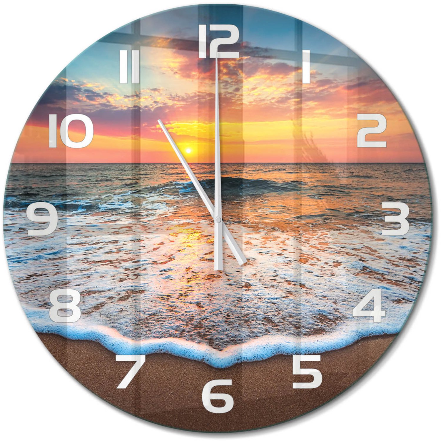 TULUP Wandklok - Zonsondergang op zee Glazen Klok Met Print - fi60 cm - Oranje Wandklok Glas Met Motief - Witte handen - Ronde Klok - Wandklok Glas Decoratie - Gekleurde Glazen Klok