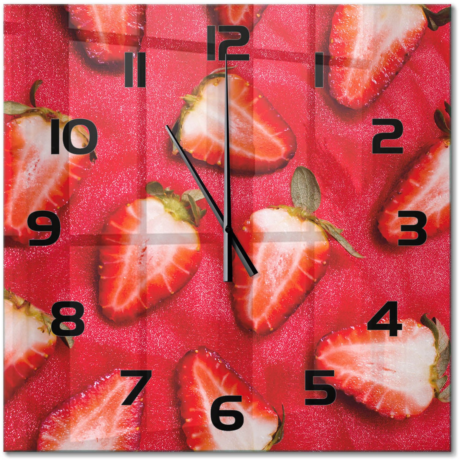 TULUP Wandklok - Gesneden aardbeien Glazen Wandklok Design - 60x60 cm - Rood Klok Glas Met Opdruk - Zwarte handen - Vierkante Klok - Wandklok Glas Met Motief - Decoratieve Glazen Klok