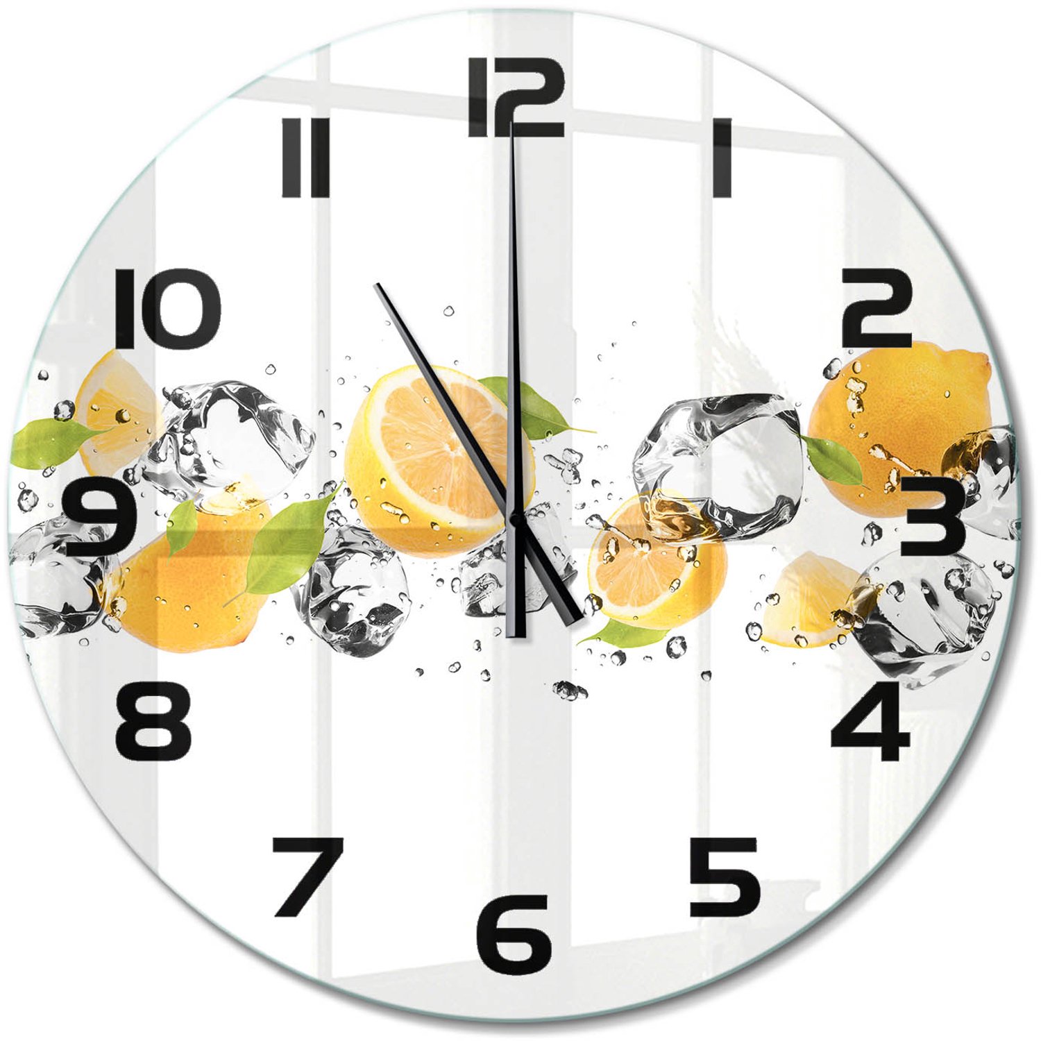 TULUP Wandklok - Citroen en water Moderne Wandklok Glas - fi60 cm - Geel Wandklok Glas Decoratie - Zwarte handen - Ronde Klok - Glazen Wandklok Design - Klok Glas Met Opdruk