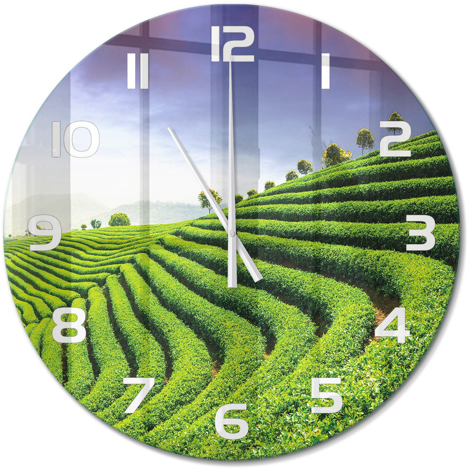 TULUP Wandklok - Theeplantage Decoratieve Glazen Klok - fi60 cm - Groente Glazen Wandklok Design - Witte handen - Ronde Klok - Glazen Klok Met Print - Wandklok Glas Met Motief