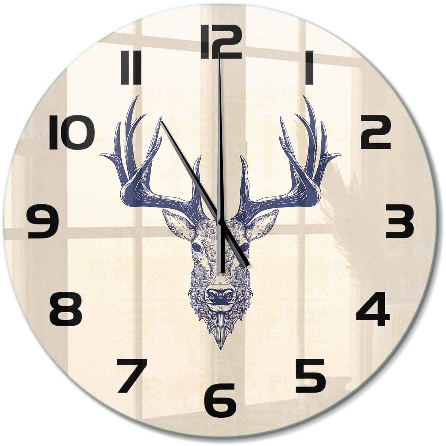 TULUP Wandklok - Hert Hert Wandklok Glas Met Motief - fi60 cm - Beige Decoratieve Glazen Klok - Zwarte handen - Ronde Klok - Gekleurde Glazen Klok - Glazen Klok Met Print