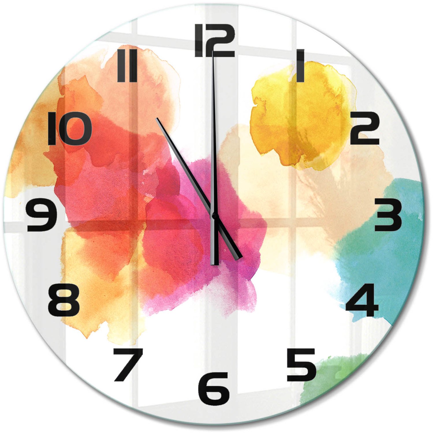 TULUP Wandklok - Kleurrijke vlekken Gekleurde Glazen Klok - fi60 cm - Veelkleurig Glazen Klok Met Print - Zwarte handen - Ronde Klok - Moderne Wandklok Glas - Wandklok Glas Decoratie