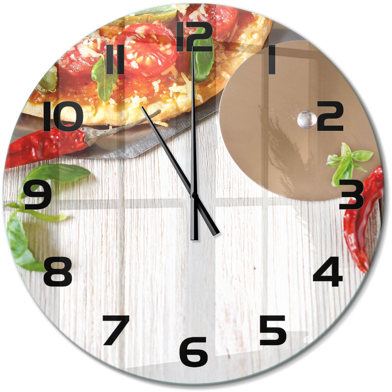 TULUP Wandklok - Pizza Moderne Wandklok Glas - fi60 cm - Rood Wandklok Glas Decoratie - Zwarte handen - Ronde Klok - Glazen Wandklok Design - Klok Glas Met Opdruk