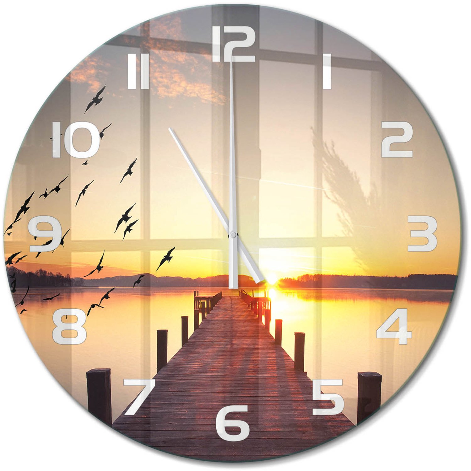 TULUP Wandklok - Zonsondergang Gekleurde Glazen Klok - fi60 cm - Geel Glazen Klok Met Print - Witte handen - Ronde Klok - Moderne Wandklok Glas - Wandklok Glas Decoratie
