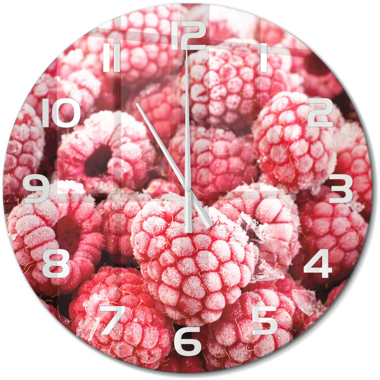 TULUP Wandklok - Bevroren frambozen Glazen Klok Met Print - fi60 cm - Rood Wandklok Glas Met Motief - Witte handen - Ronde Klok - Wandklok Glas Decoratie - Gekleurde Glazen Klok