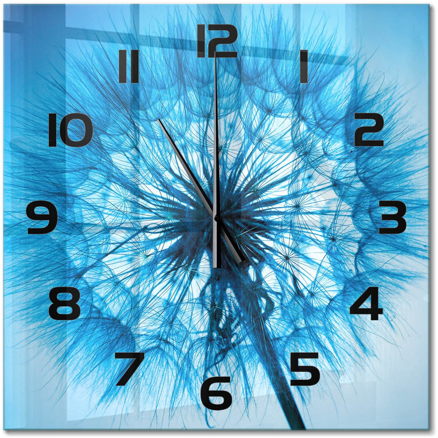 TULUP Wandklok - Paardebloem Moderne Wandklok Glas - 60x60 cm - Blauw Wandklok Glas Decoratie - Zwarte handen - Vierkante Klok - Glazen Wandklok Design - Klok Glas Met Opdruk