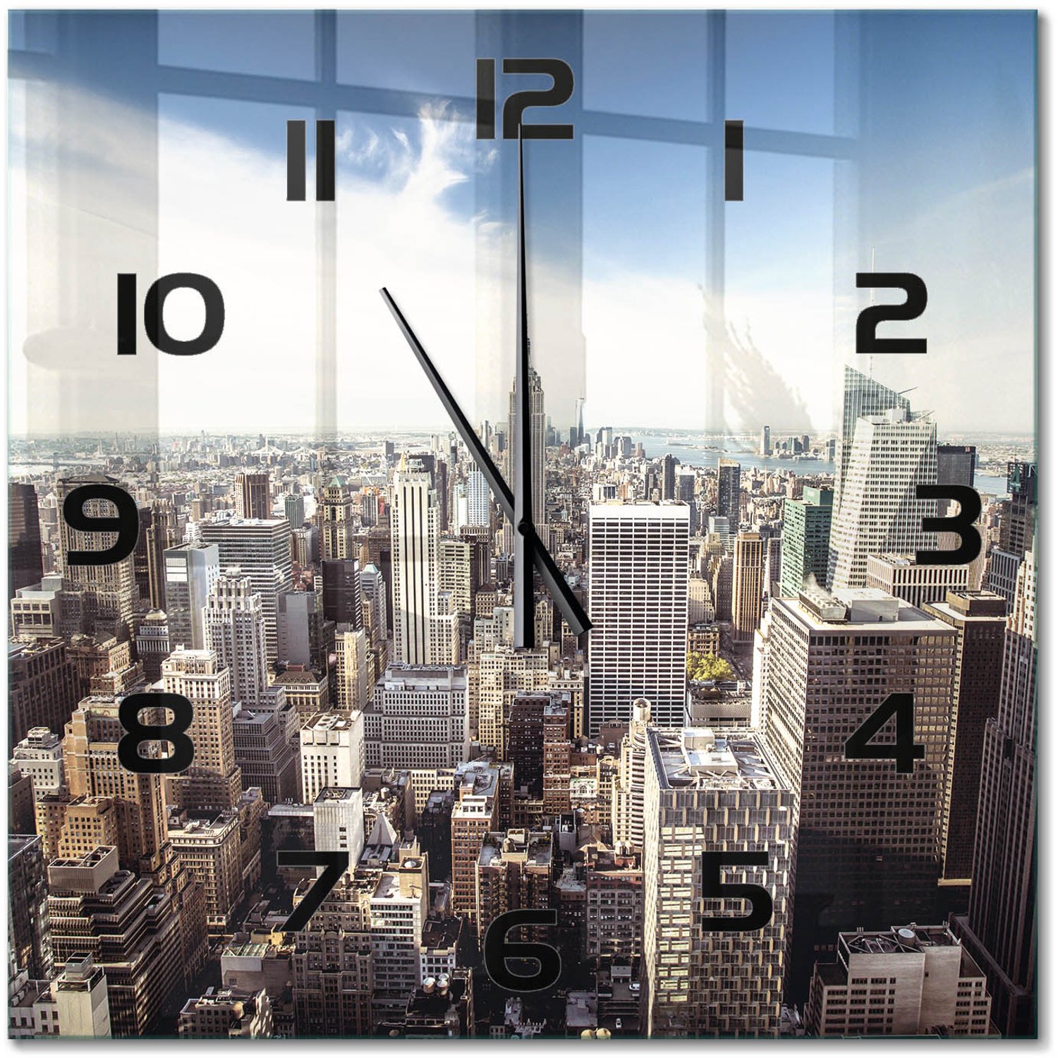 TULUP Wandklok - New York Gekleurde Glazen Klok - 60x60 cm - Blauw Glazen Klok Met Print - Zwarte handen - Vierkante Klok - Moderne Wandklok Glas - Wandklok Glas Decoratie