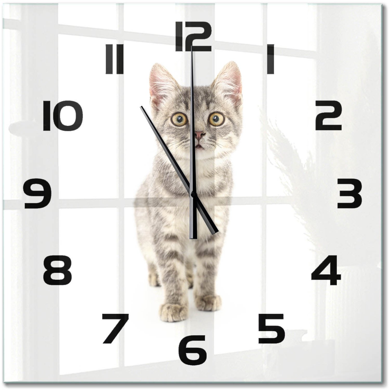 TULUP Wandklok - Grijze kat Wandklok Glas Met Motief - 60x60 cm - Grijs Decoratieve Glazen Klok - Zwarte handen - Vierkante Klok - Gekleurde Glazen Klok - Glazen Klok Met Print