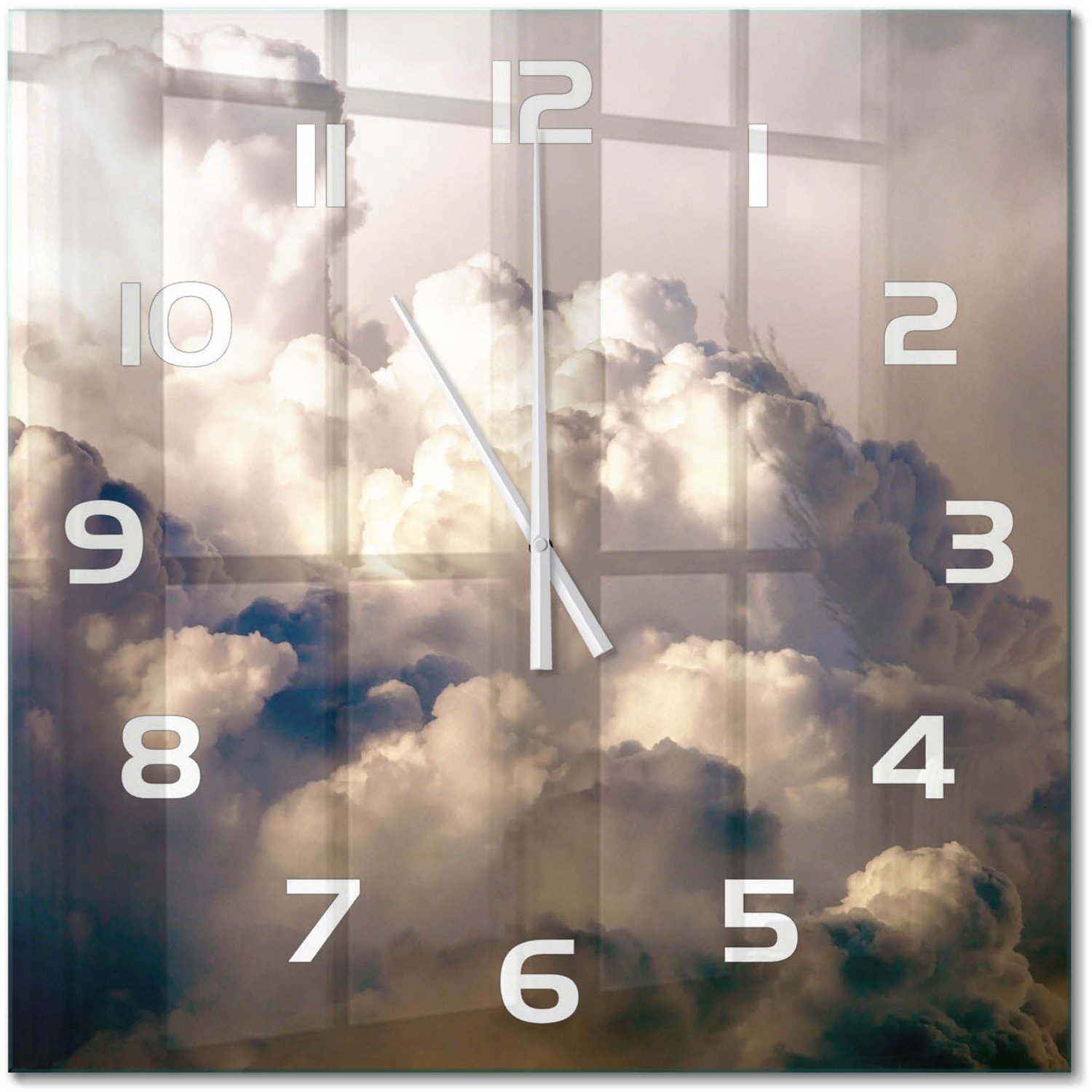 TULUP Wandklok - Wolken aan de hemel Glazen Wandklok Design - 60x60 cm - Wit Klok Glas Met Opdruk - Witte handen - Vierkante Klok - Wandklok Glas Met Motief - Decoratieve Glazen Klok