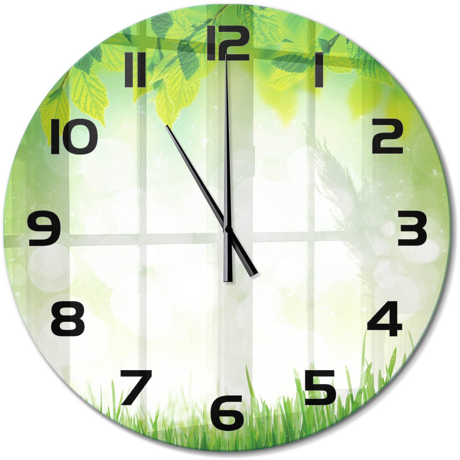 TULUP Wandklok - Bladeren en gras Glazen Klok Met Print - fi60 cm - Groente Wandklok Glas Met Motief - Zwarte handen - Ronde Klok - Wandklok Glas Decoratie - Gekleurde Glazen Klok