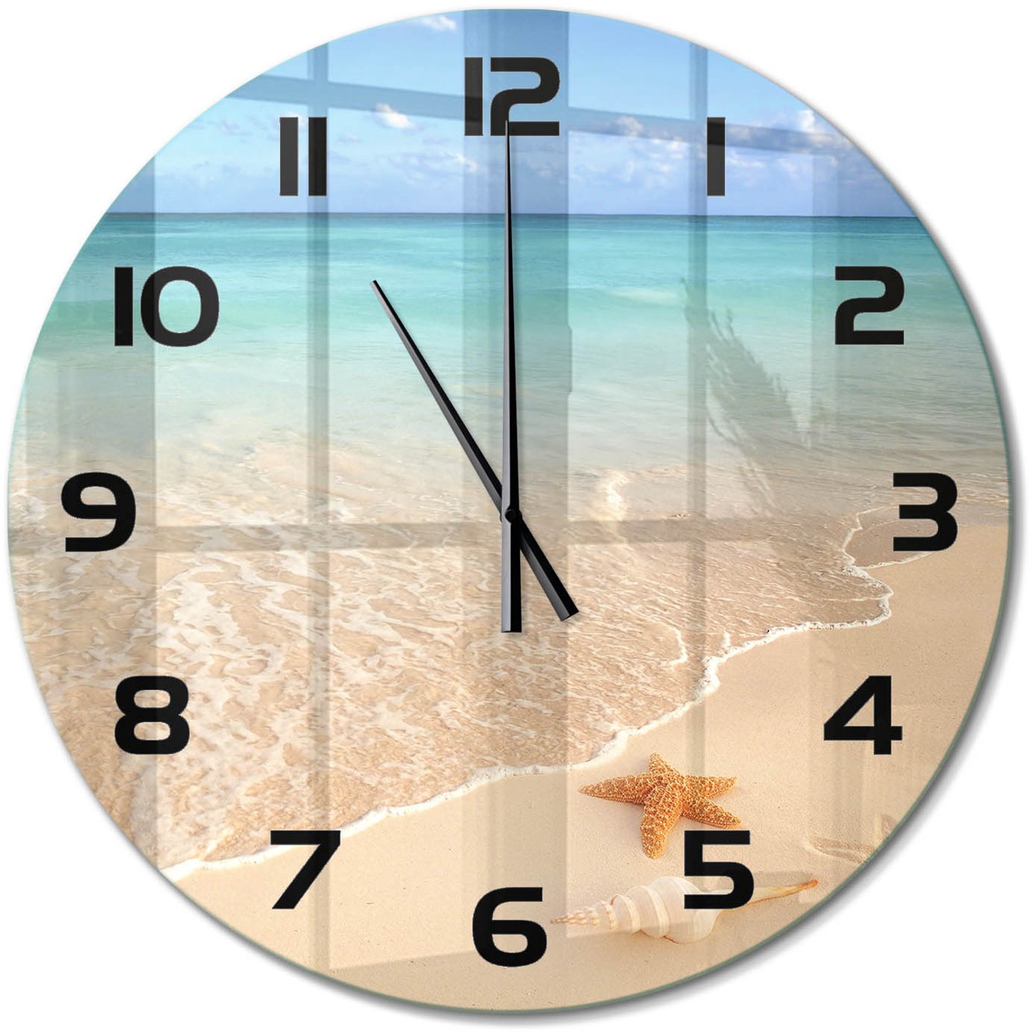 TULUP Wandklok - Zeesterren op het strand Klok Glas Met Opdruk - fi60 cm - Blauw Moderne Wandklok Glas - Zwarte handen - Ronde Klok - Decoratieve Glazen Klok - Glazen Wandklok Design