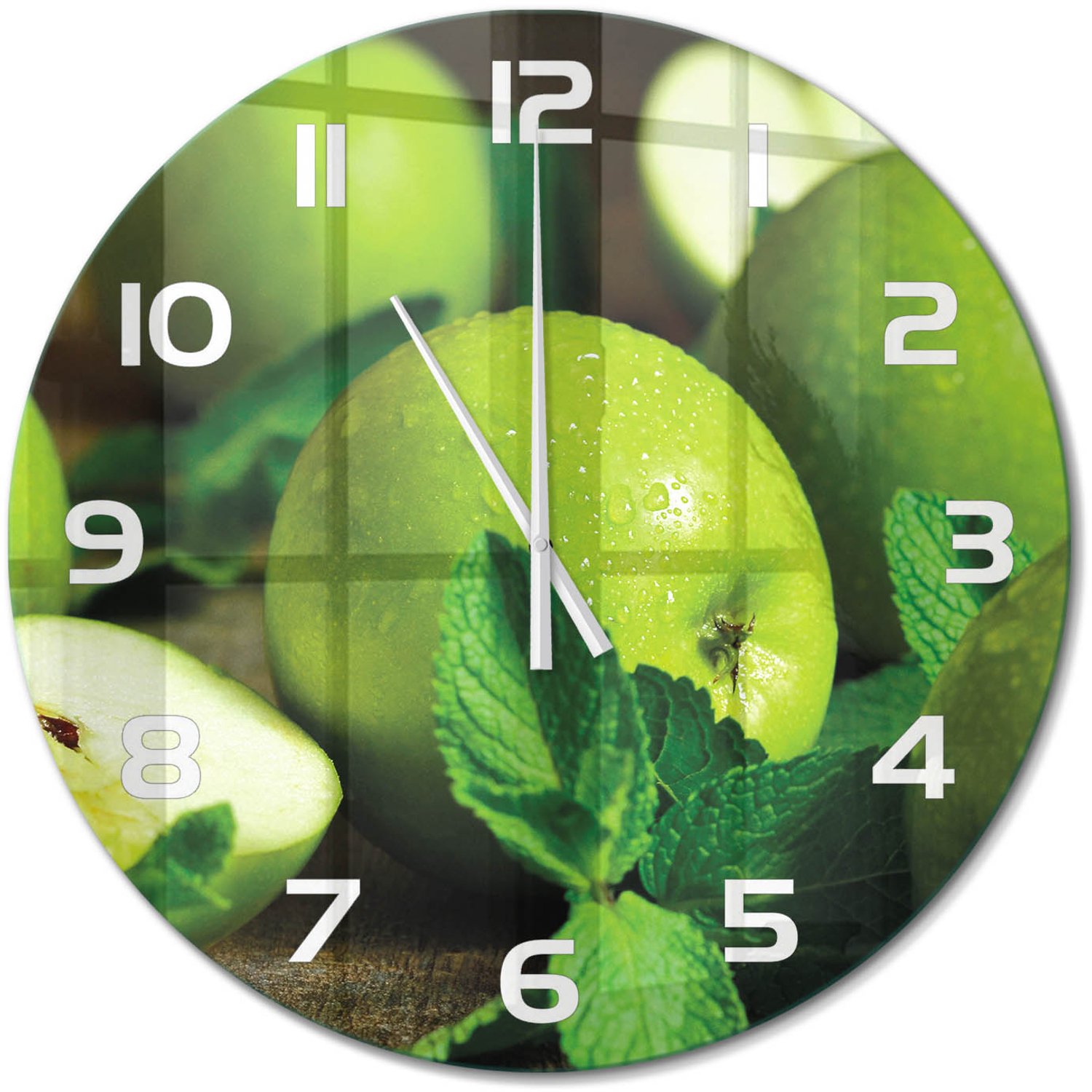 TULUP Wandklok - Groene appels Klok Glas Met Opdruk - fi60 cm - Groente Moderne Wandklok Glas - Witte handen - Ronde Klok - Decoratieve Glazen Klok - Glazen Wandklok Design