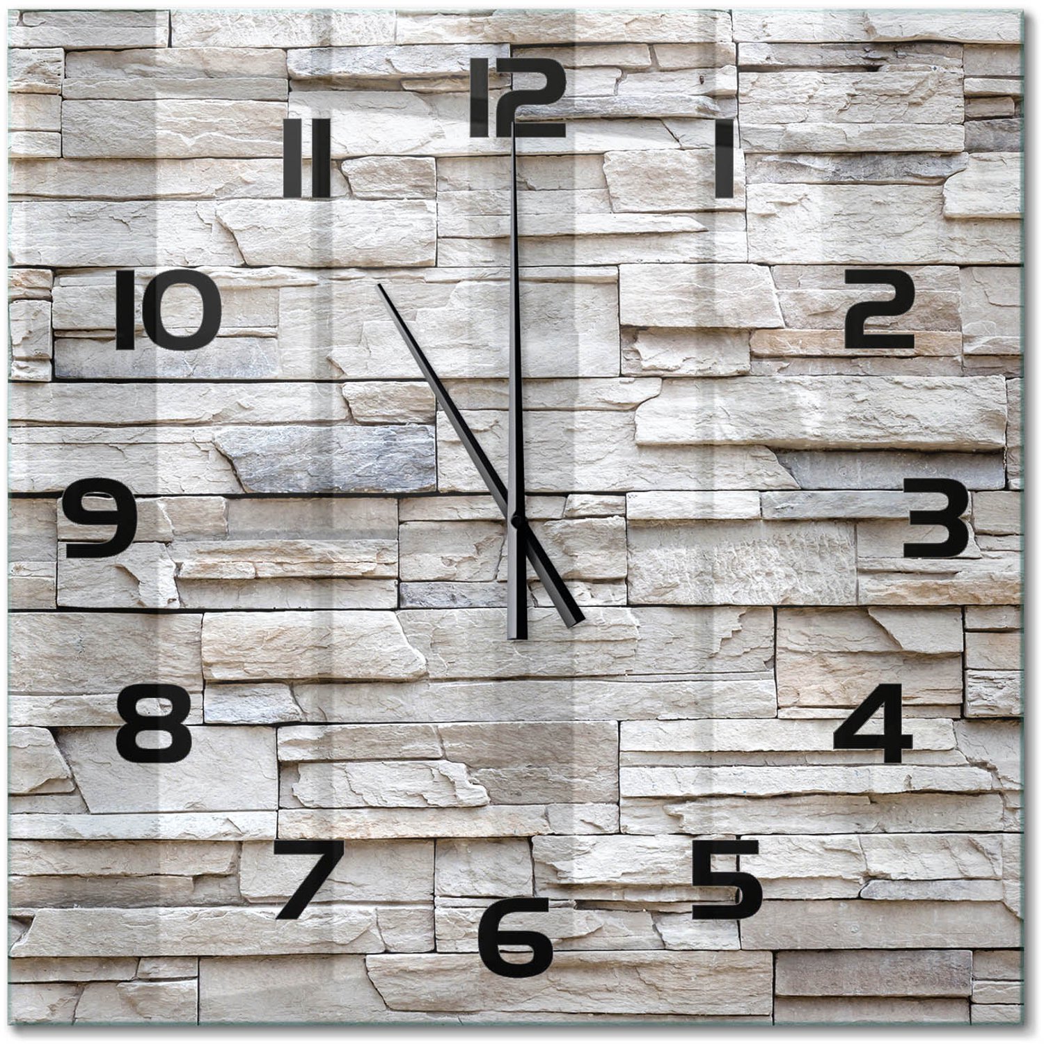 TULUP Wandklok - Stenen muur Klok Glas Met Opdruk - 60x60 cm - Beige Moderne Wandklok Glas - Zwarte handen - Vierkante Klok - Decoratieve Glazen Klok - Glazen Wandklok Design