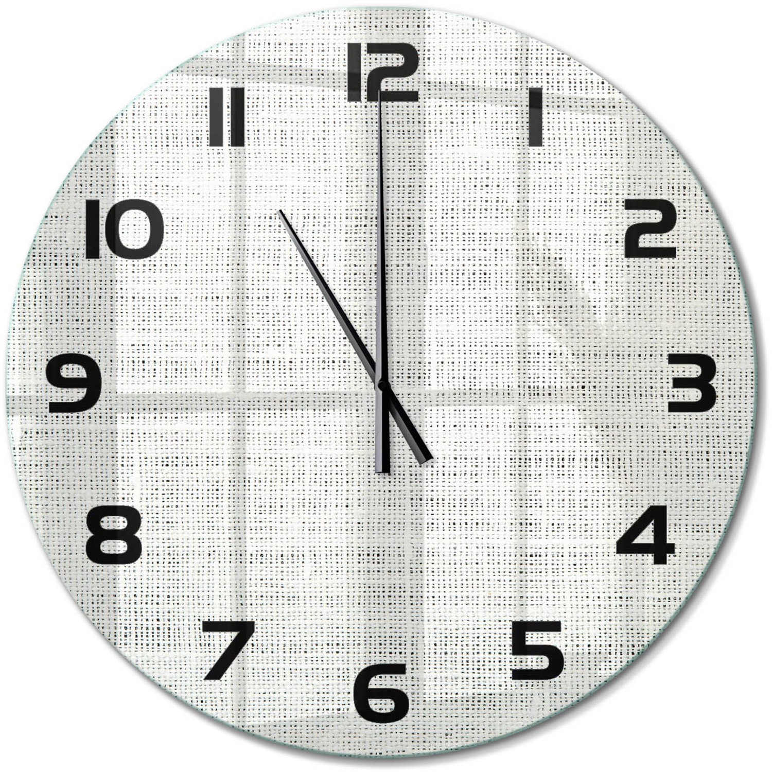 TULUP Wandklok - Wit linnen canvas Wandklok Glas Met Motief - fi60 cm - Wit Decoratieve Glazen Klok - Zwarte handen - Ronde Klok - Gekleurde Glazen Klok - Glazen Klok Met Print