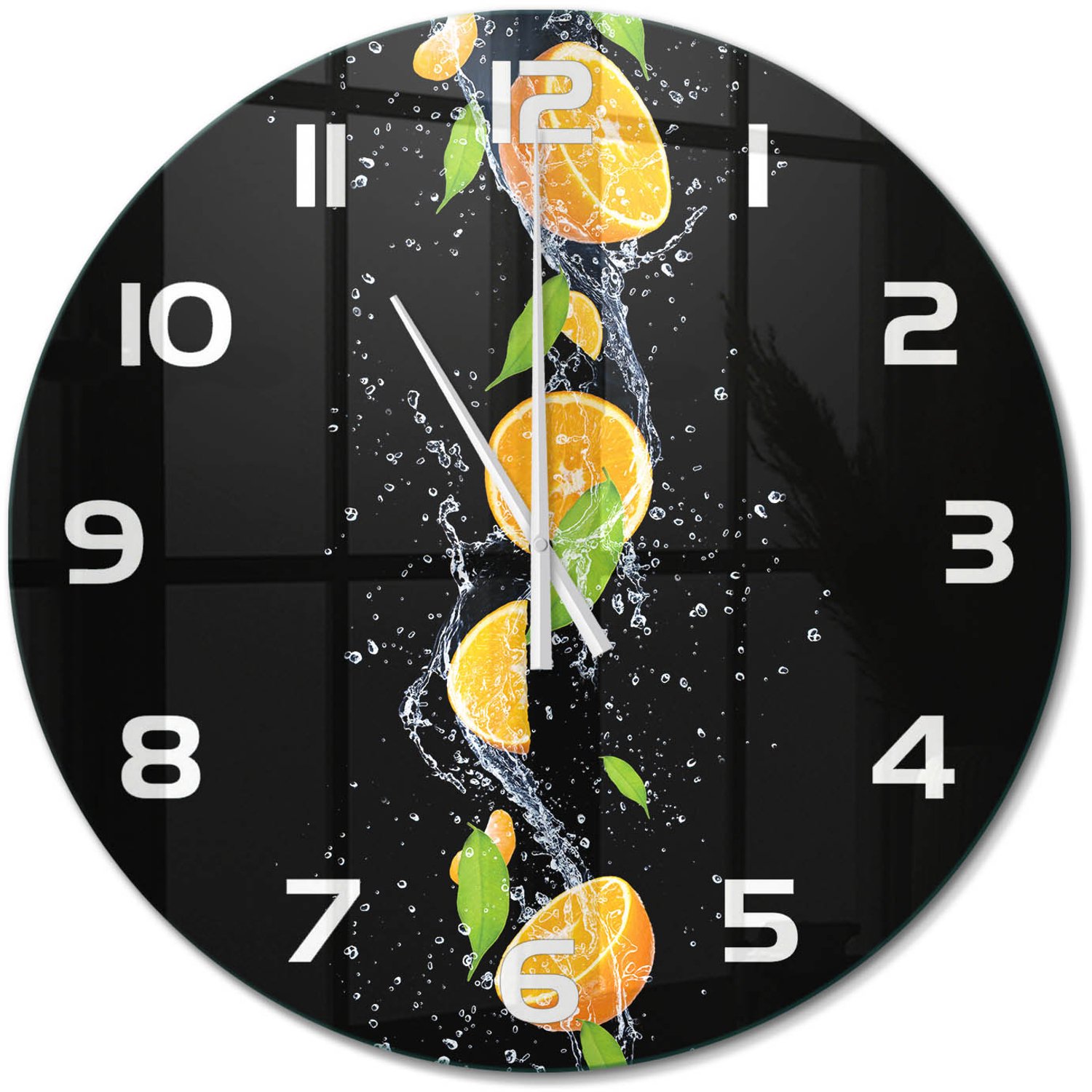 TULUP Wandklok - Sinaasappels en water Decoratieve Glazen Klok - fi60 cm - Oranje Glazen Wandklok Design - Witte handen - Ronde Klok - Glazen Klok Met Print - Wandklok Glas Met Motief