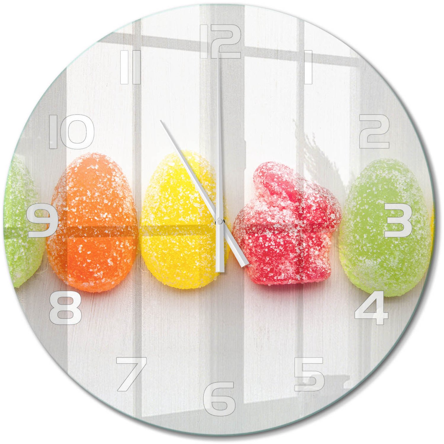 TULUP Wandklok - Kleurrijke Jelly Beans Glazen Wandklok Design - fi60 cm - Veelkleurig Klok Glas Met Opdruk - Witte handen - Ronde Klok - Wandklok Glas Met Motief - Decoratieve Glazen Klok