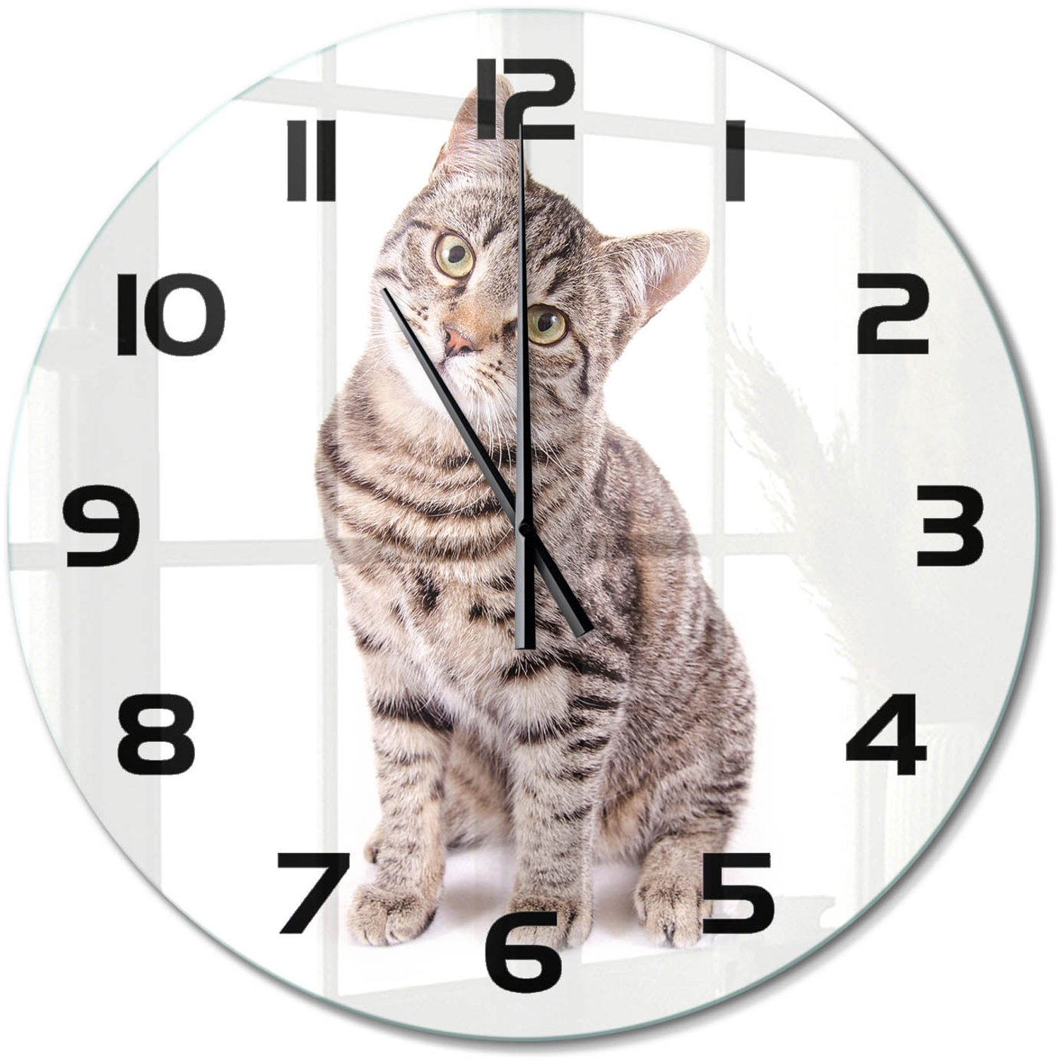 TULUP Wandklok - Kat Klok Glas Met Opdruk - fi60 cm - Bruin Moderne Wandklok Glas - Zwarte handen - Ronde Klok - Decoratieve Glazen Klok - Glazen Wandklok Design