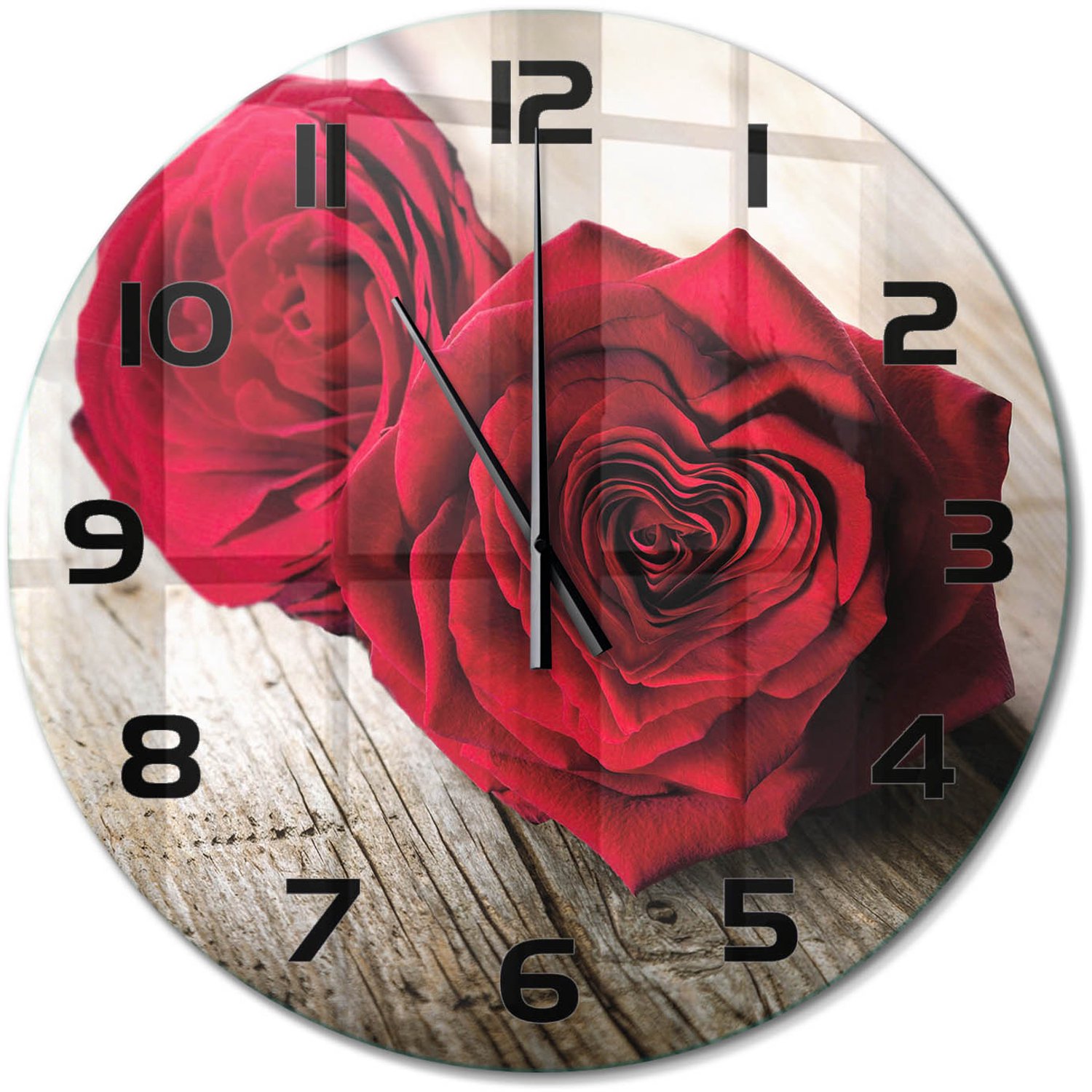 TULUP Wandklok - Rozen op hout Glazen Klok Met Print - fi60 cm - Rood Wandklok Glas Met Motief - Zwarte handen - Ronde Klok - Wandklok Glas Decoratie - Gekleurde Glazen Klok