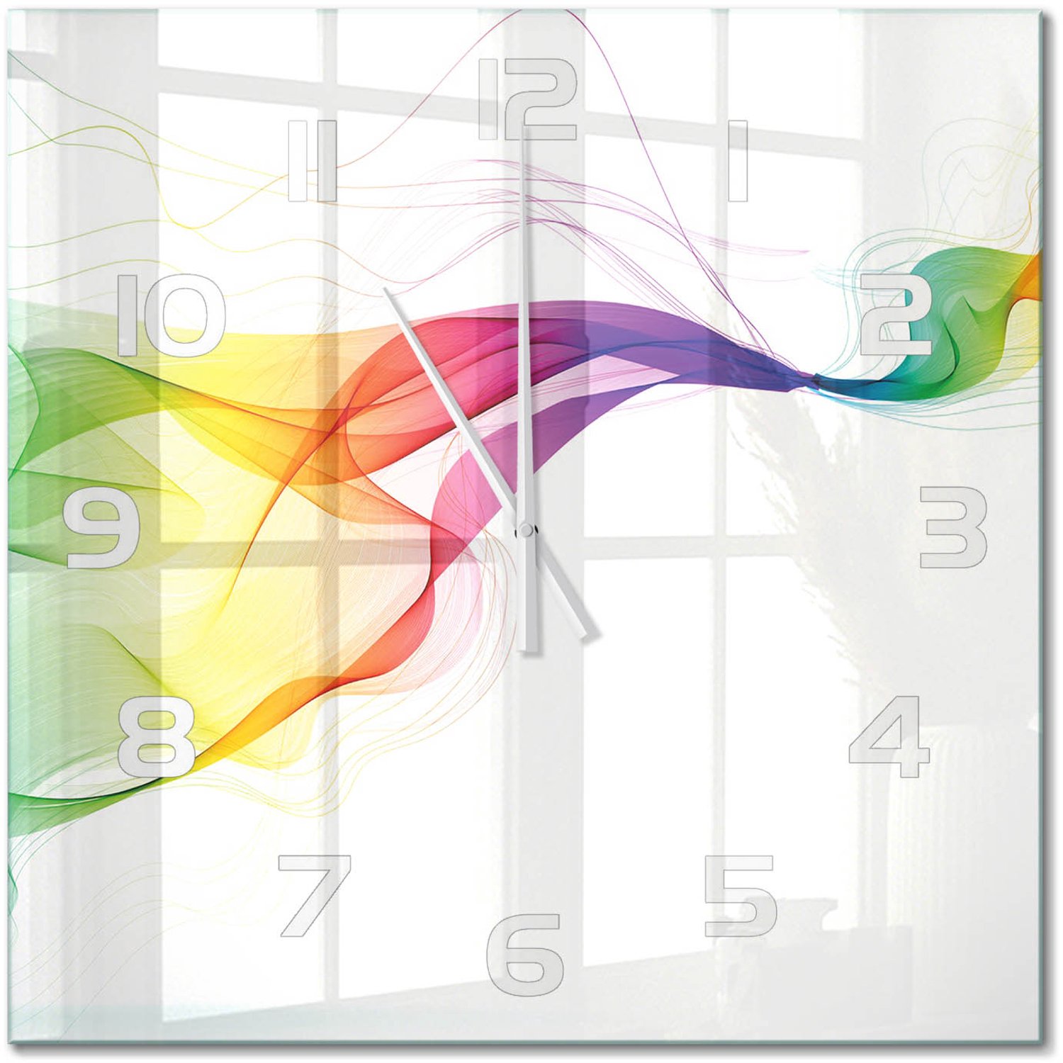 TULUP Wandklok - Kleurrijke abstractie Gekleurde Glazen Klok - 60x60 cm - Veelkleurig Glazen Klok Met Print - Witte handen - Vierkante Klok - Moderne Wandklok Glas - Wandklok Glas Decoratie