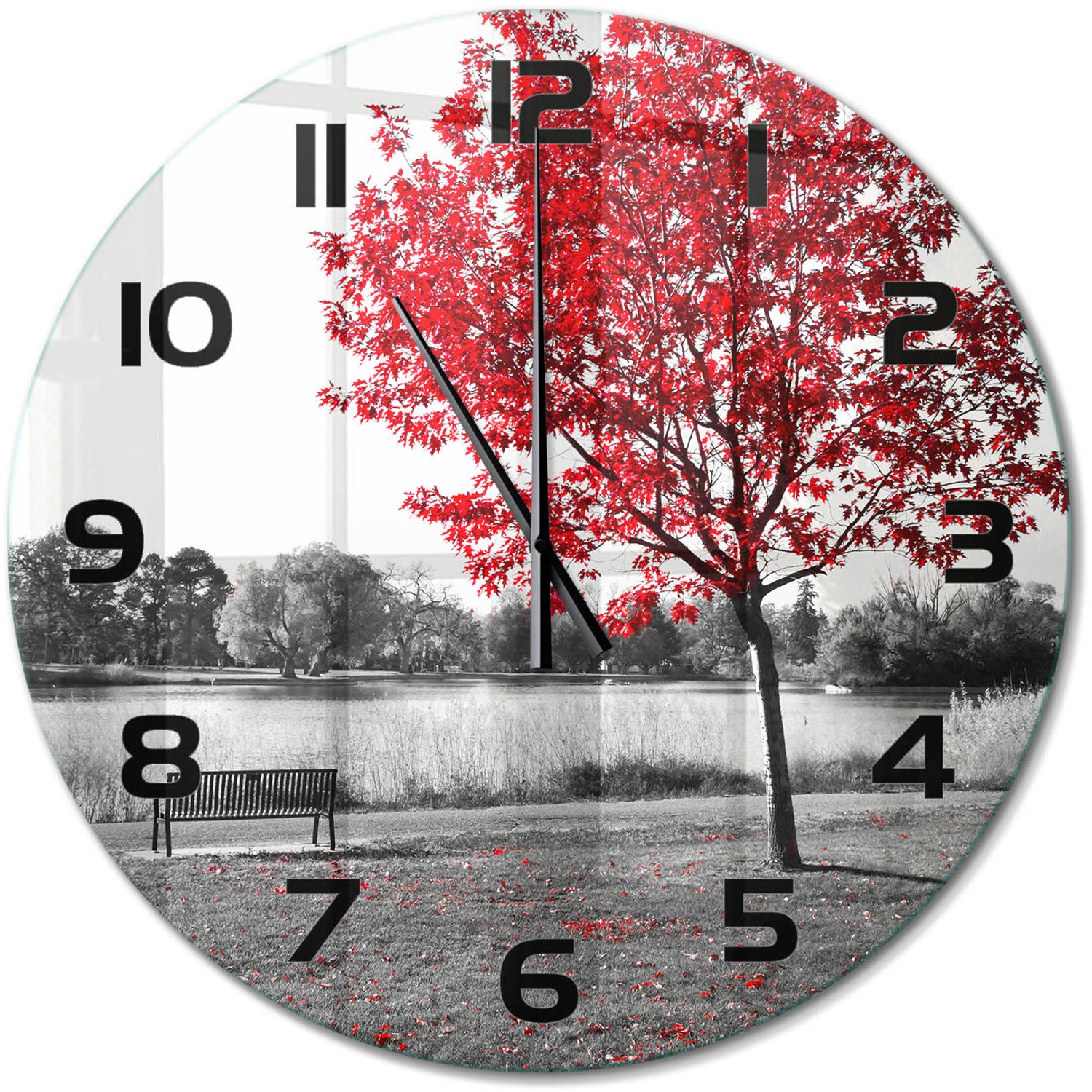 TULUP Wandklok - Rode boom Klok Glas Met Opdruk - fi60 cm - Rood Moderne Wandklok Glas - Zwarte handen - Ronde Klok - Decoratieve Glazen Klok - Glazen Wandklok Design