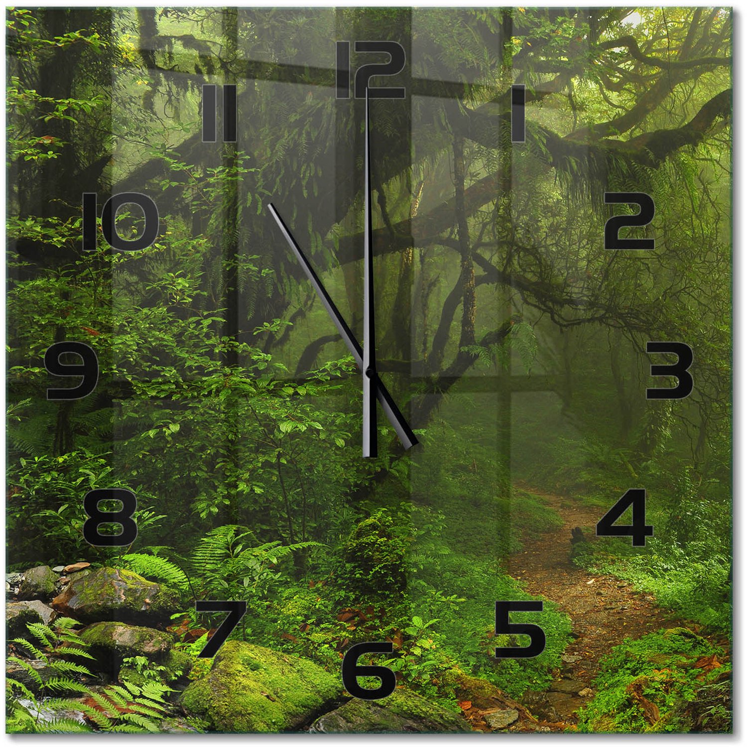 TULUP Wandklok - Oerwoud in Nepal Gekleurde Glazen Klok - 60x60 cm - Groente Glazen Klok Met Print - Zwarte handen - Vierkante Klok - Moderne Wandklok Glas - Wandklok Glas Decoratie