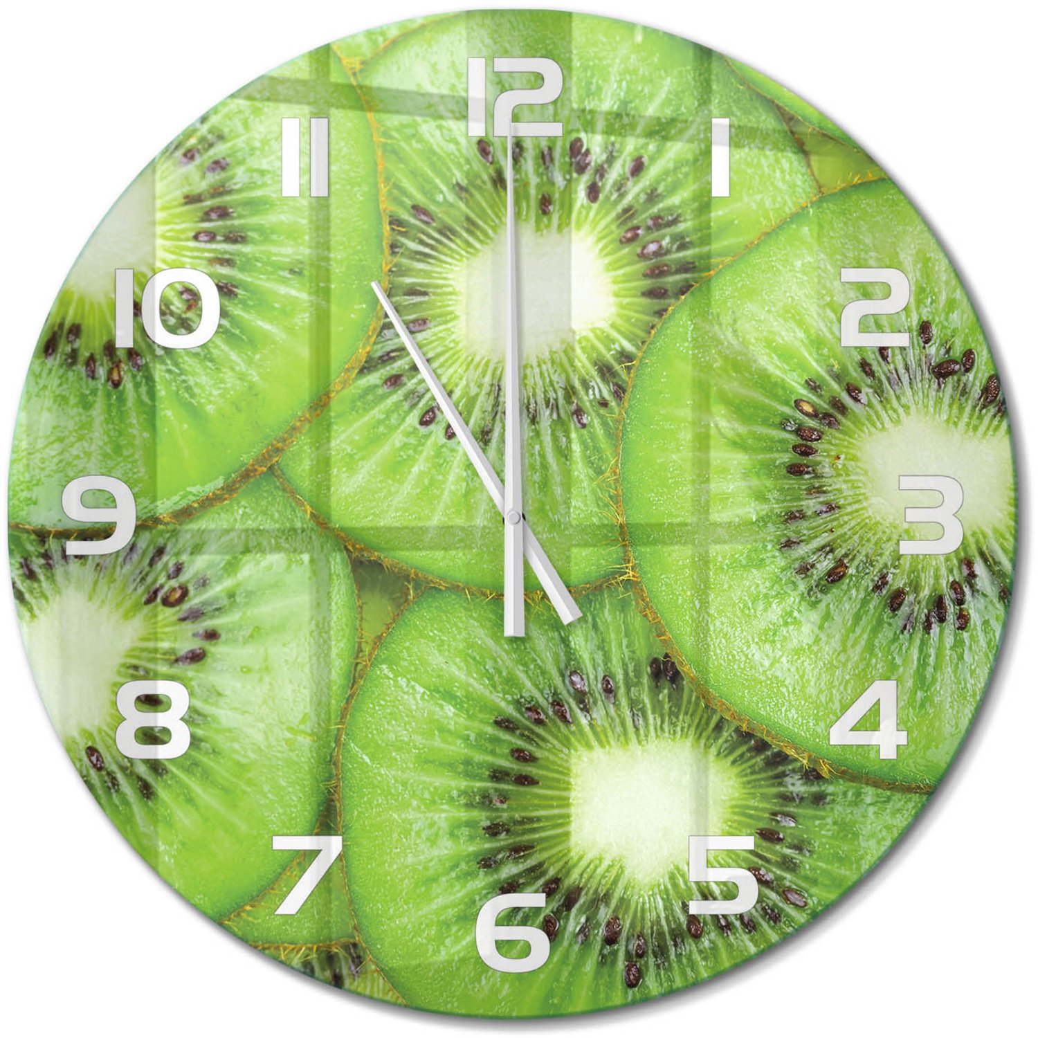 TULUP Wandklok - Kiwi Glazen Klok Met Print - fi60 cm - Groente Wandklok Glas Met Motief - Witte handen - Ronde Klok - Wandklok Glas Decoratie - Gekleurde Glazen Klok