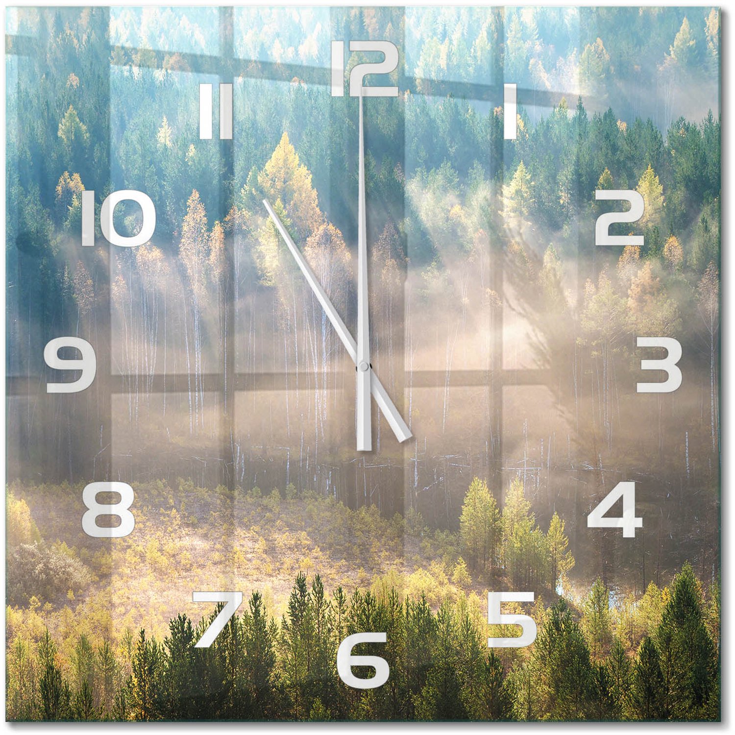 TULUP Wandklok - Mist in het bos Decoratieve Glazen Klok - 60x60 cm - Groente Glazen Wandklok Design - Witte handen - Vierkante Klok - Glazen Klok Met Print - Wandklok Glas Met Motief