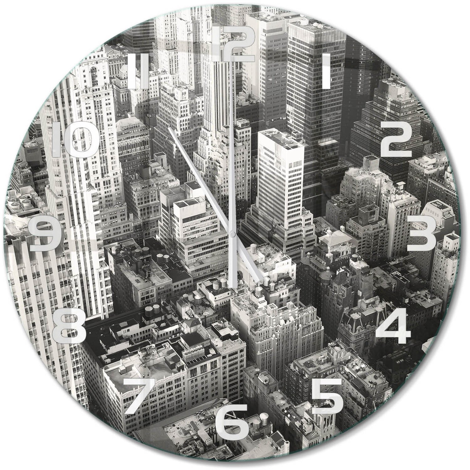 TULUP Wandklok - Vogelsvlucht in New York Glazen Wandklok Design - fi60 cm - Zwart-wit Klok Glas Met Opdruk - Witte handen - Ronde Klok - Wandklok Glas Met Motief - Decoratieve Glazen Klok