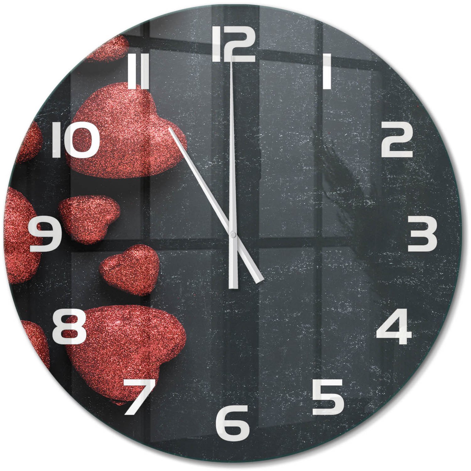 TULUP Wandklok - Harten op het bord Decoratieve Glazen Klok - fi60 cm - Rood Glazen Wandklok Design - Witte handen - Ronde Klok - Glazen Klok Met Print - Wandklok Glas Met Motief