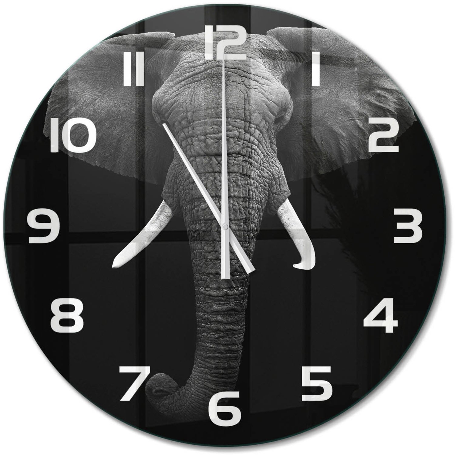 TULUP Wandklok - Afrikaanse olifant Moderne Wandklok Glas - fi60 cm - Zwart-wit Wandklok Glas Decoratie - Witte handen - Ronde Klok - Glazen Wandklok Design - Klok Glas Met Opdruk