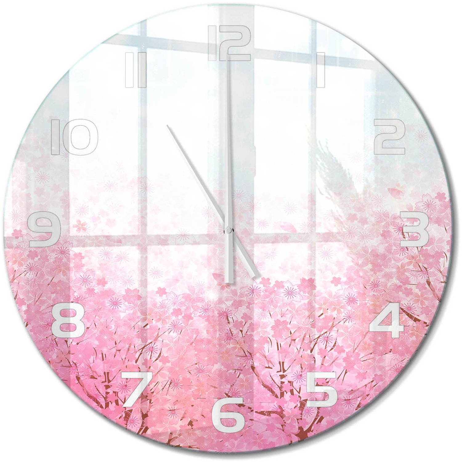 TULUP Wandklok - Kersenbloesem Moderne Wandklok Glas - fi60 cm - Roze Wandklok Glas Decoratie - Witte handen - Ronde Klok - Glazen Wandklok Design - Klok Glas Met Opdruk