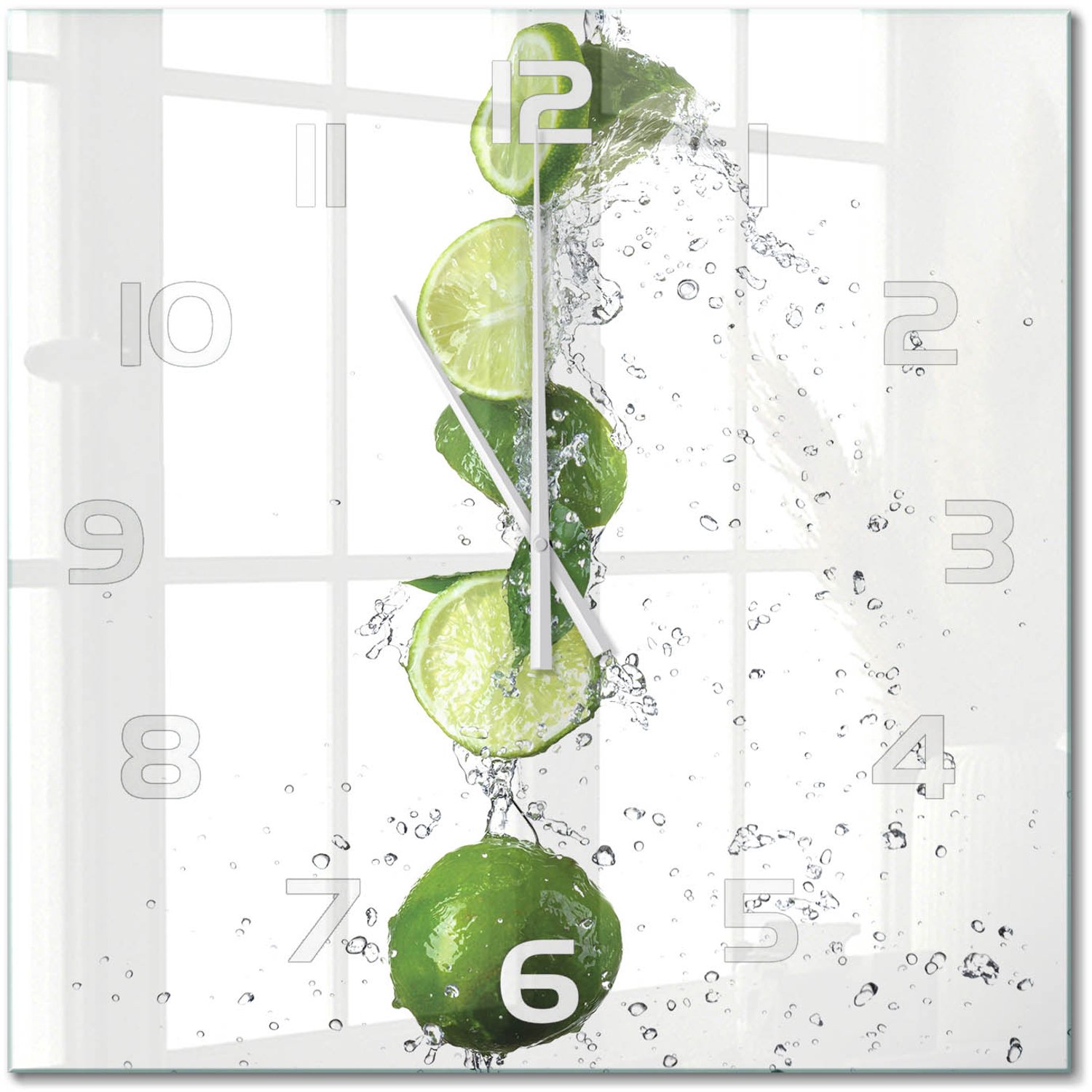 TULUP Wandklok - Kalk en water Moderne Wandklok Glas - 60x60 cm - Groente Wandklok Glas Decoratie - Witte handen - Vierkante Klok - Glazen Wandklok Design - Klok Glas Met Opdruk