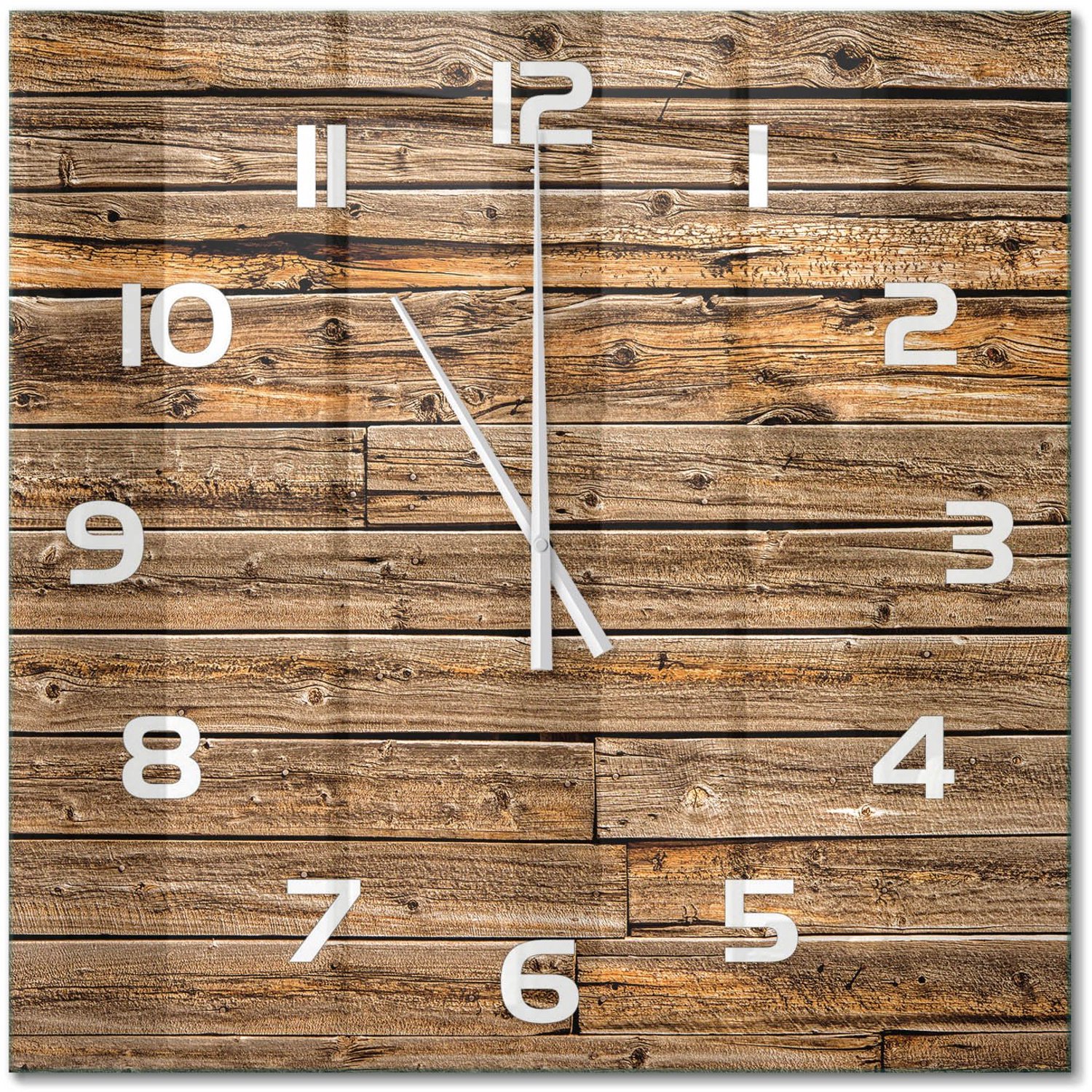TULUP Wandklok - Houten muur Glazen Klok Met Print - 60x60 cm - Bruin Wandklok Glas Met Motief - Witte handen - Vierkante Klok - Wandklok Glas Decoratie - Gekleurde Glazen Klok