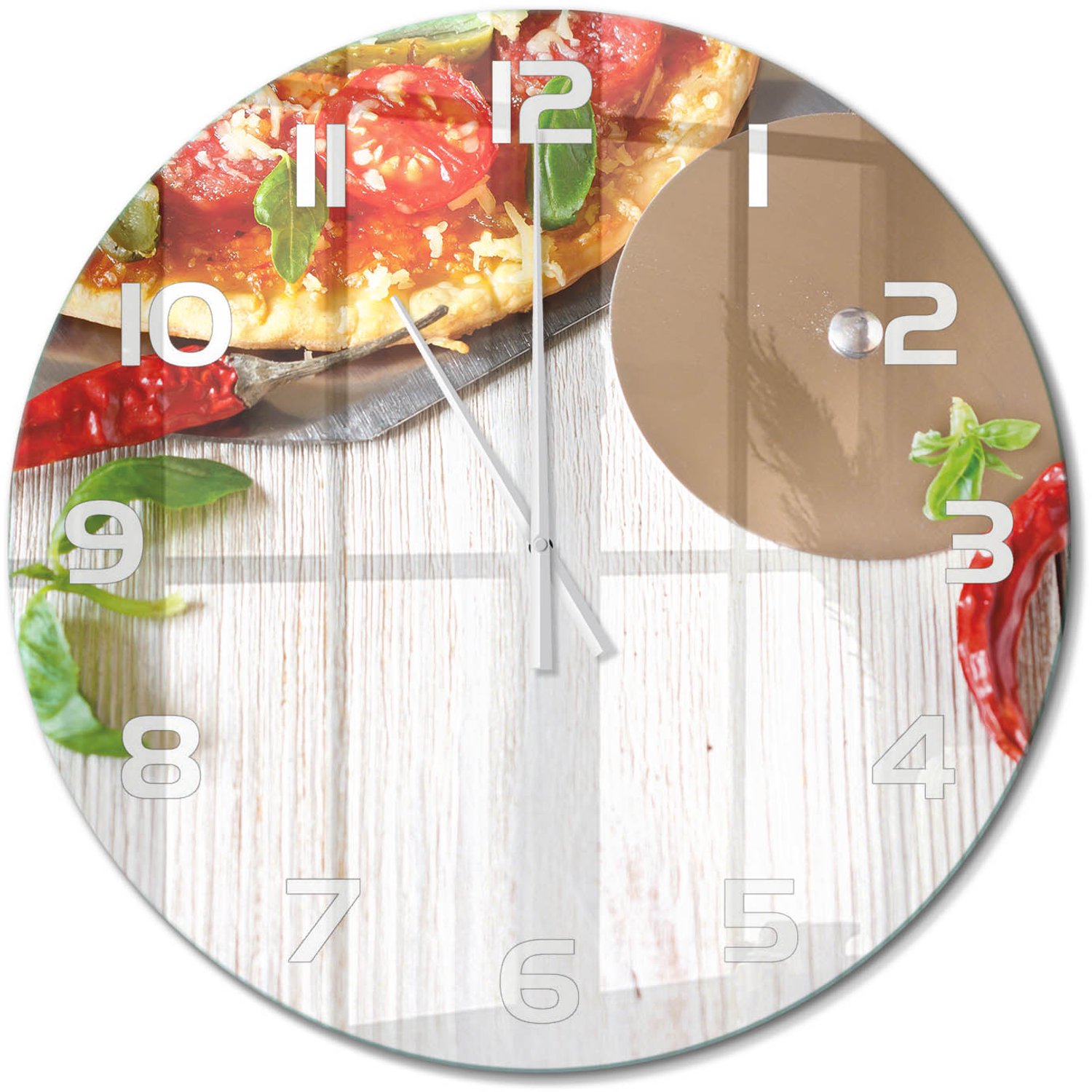 TULUP Wandklok - Pizza Decoratieve Glazen Klok - fi60 cm - Rood Glazen Wandklok Design - Witte handen - Ronde Klok - Glazen Klok Met Print - Wandklok Glas Met Motief