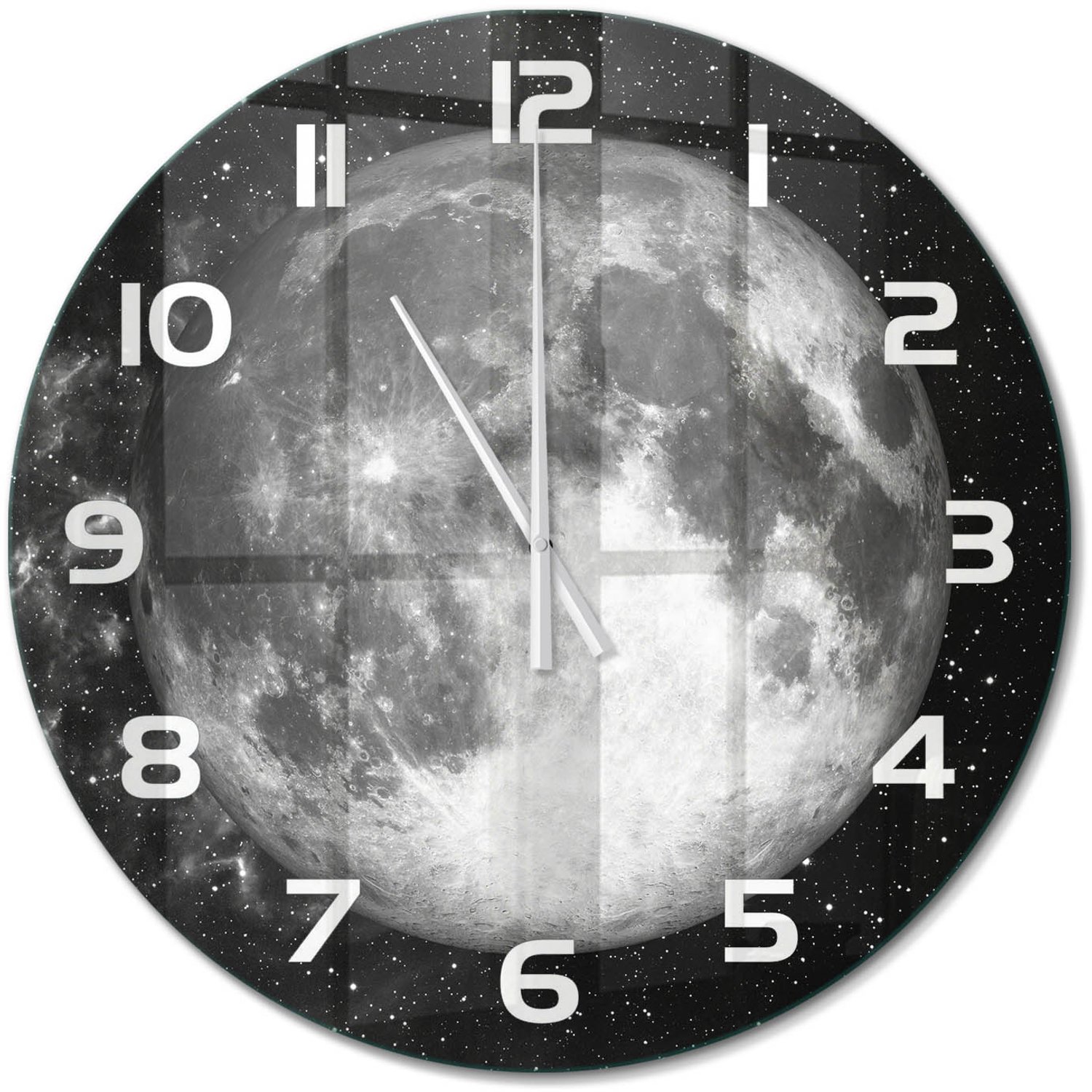 TULUP Wandklok - Maan Gekleurde Glazen Klok - fi60 cm - Zwart-wit Glazen Klok Met Print - Witte handen - Ronde Klok - Moderne Wandklok Glas - Wandklok Glas Decoratie