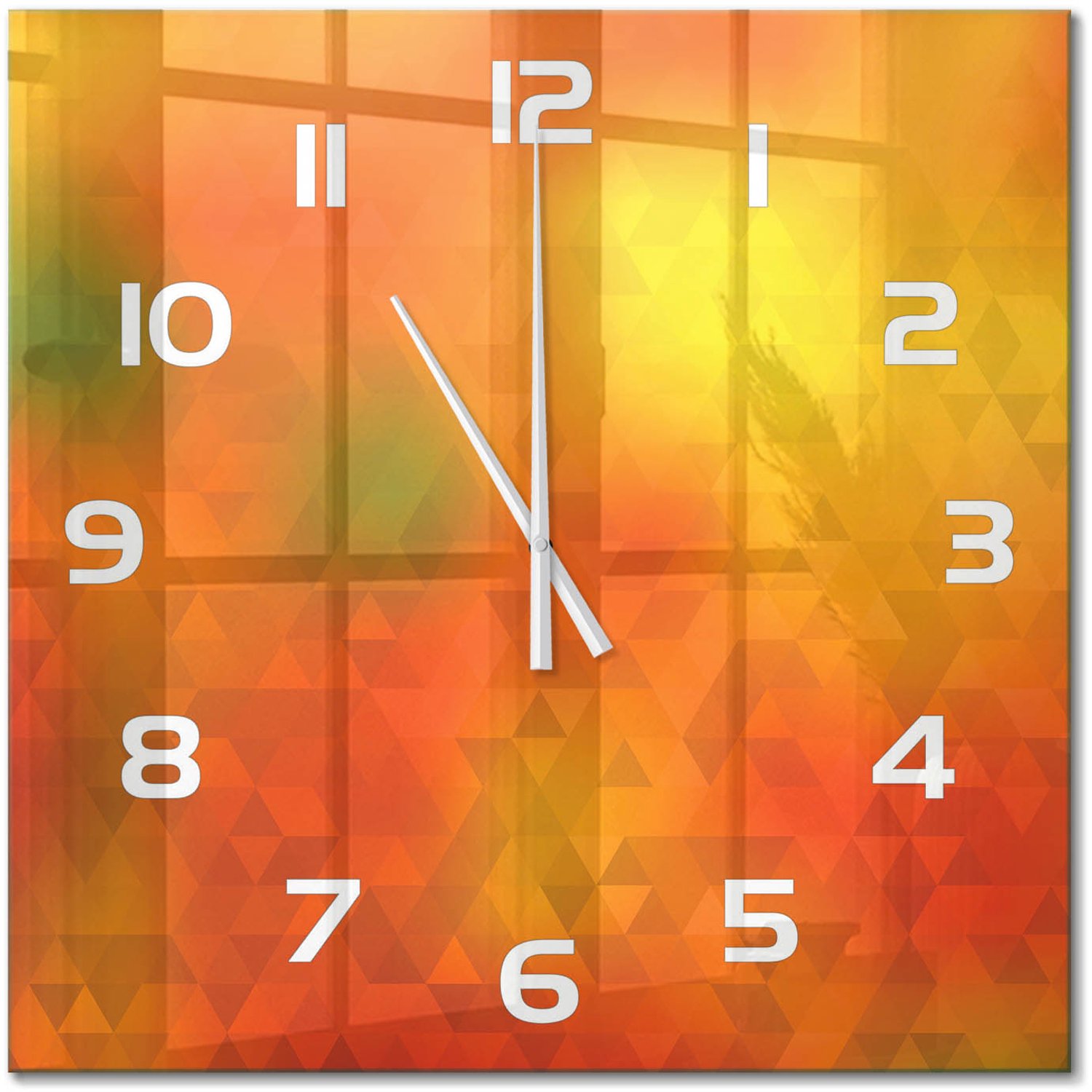 TULUP Wandklok - Driehoeken van abstractie Decoratieve Glazen Klok - 60x60 cm - Oranje Glazen Wandklok Design - Witte handen - Vierkante Klok - Glazen Klok Met Print - Wandklok Glas Met Motief